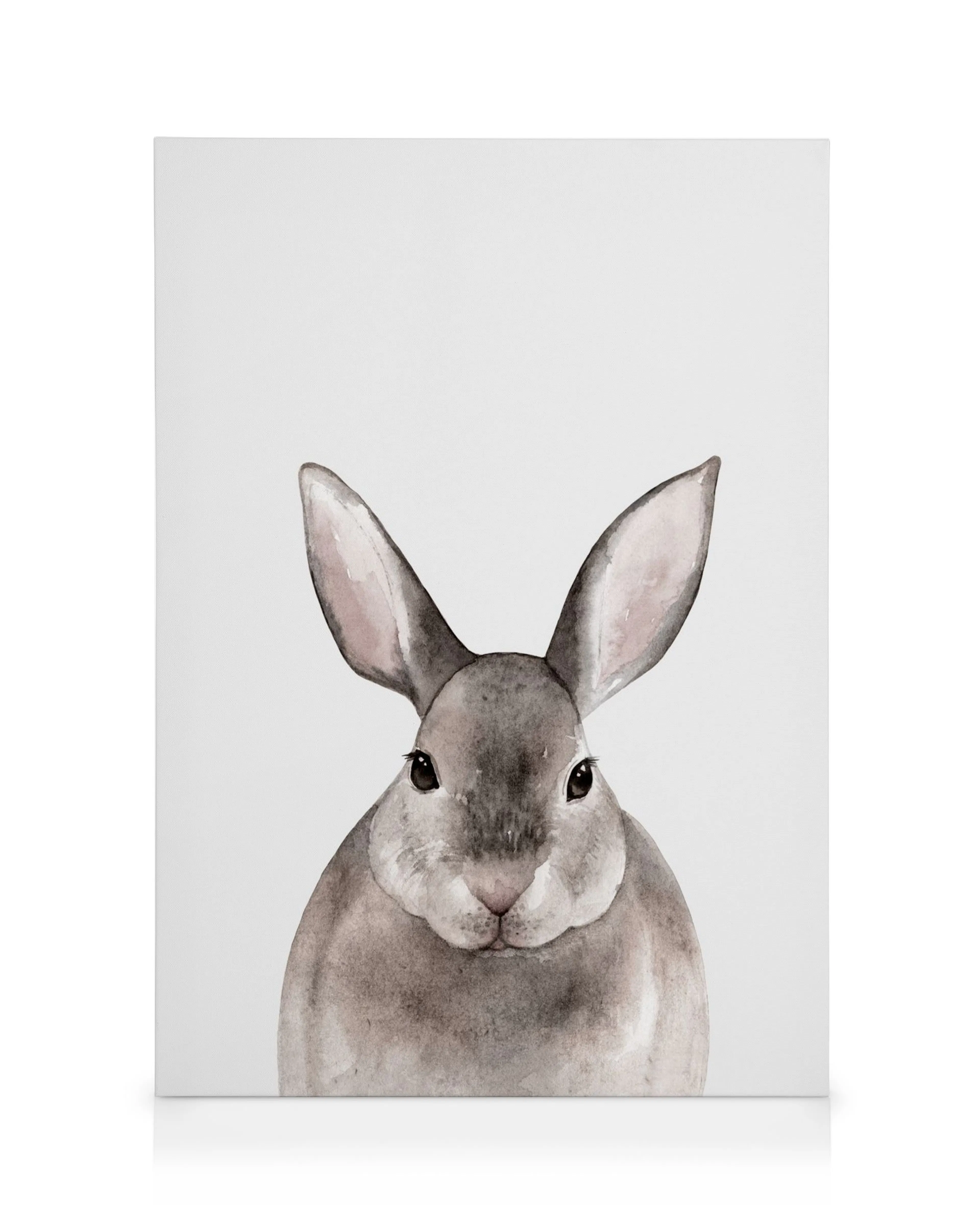 Lienzo de conejito con orejas grandes, pelaje suave gris y blanco, ideal para cuarto infantil.