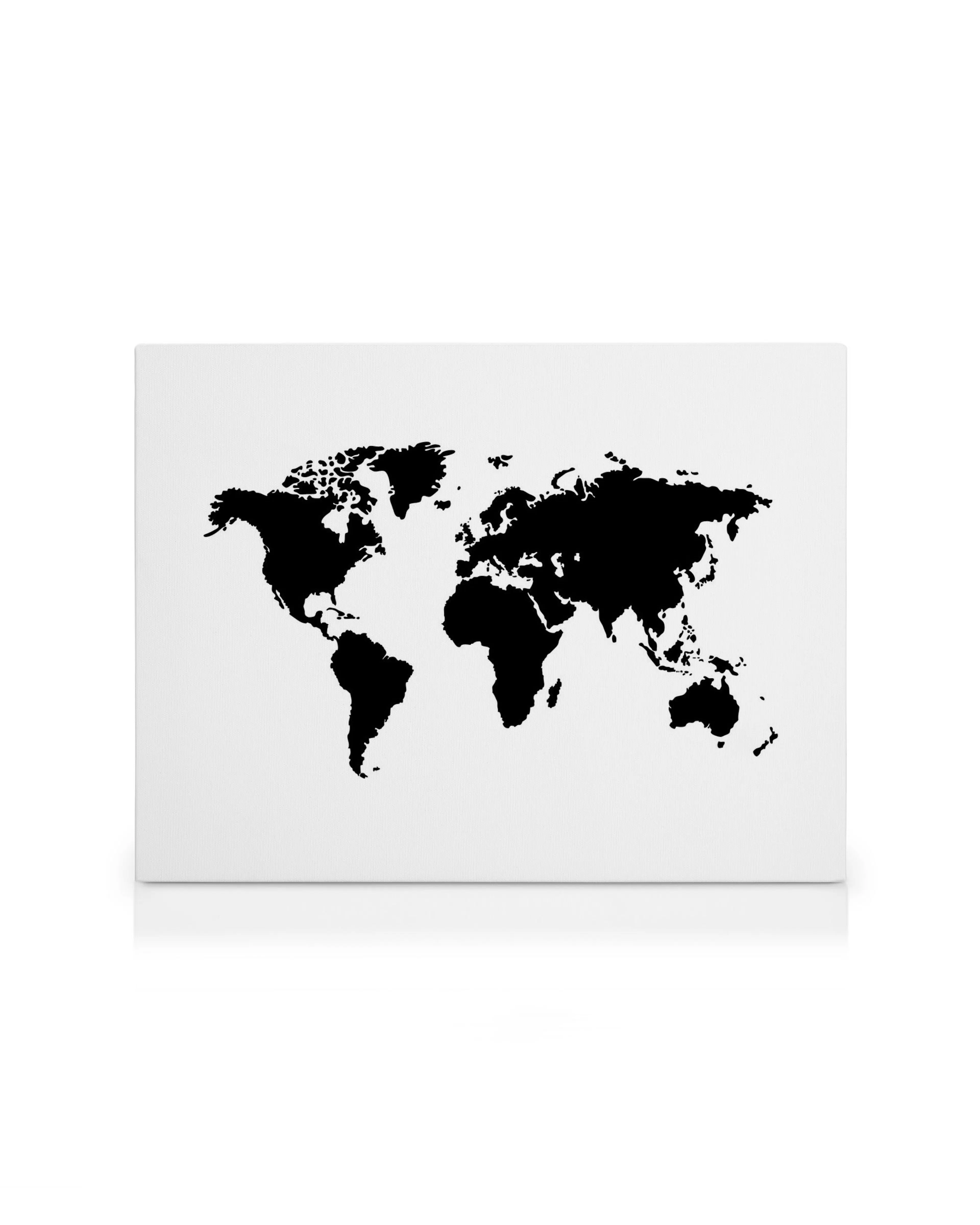 World Map Canvas print, featuring black continents on a white background, a stylish decor piece for travel enthusiasts.