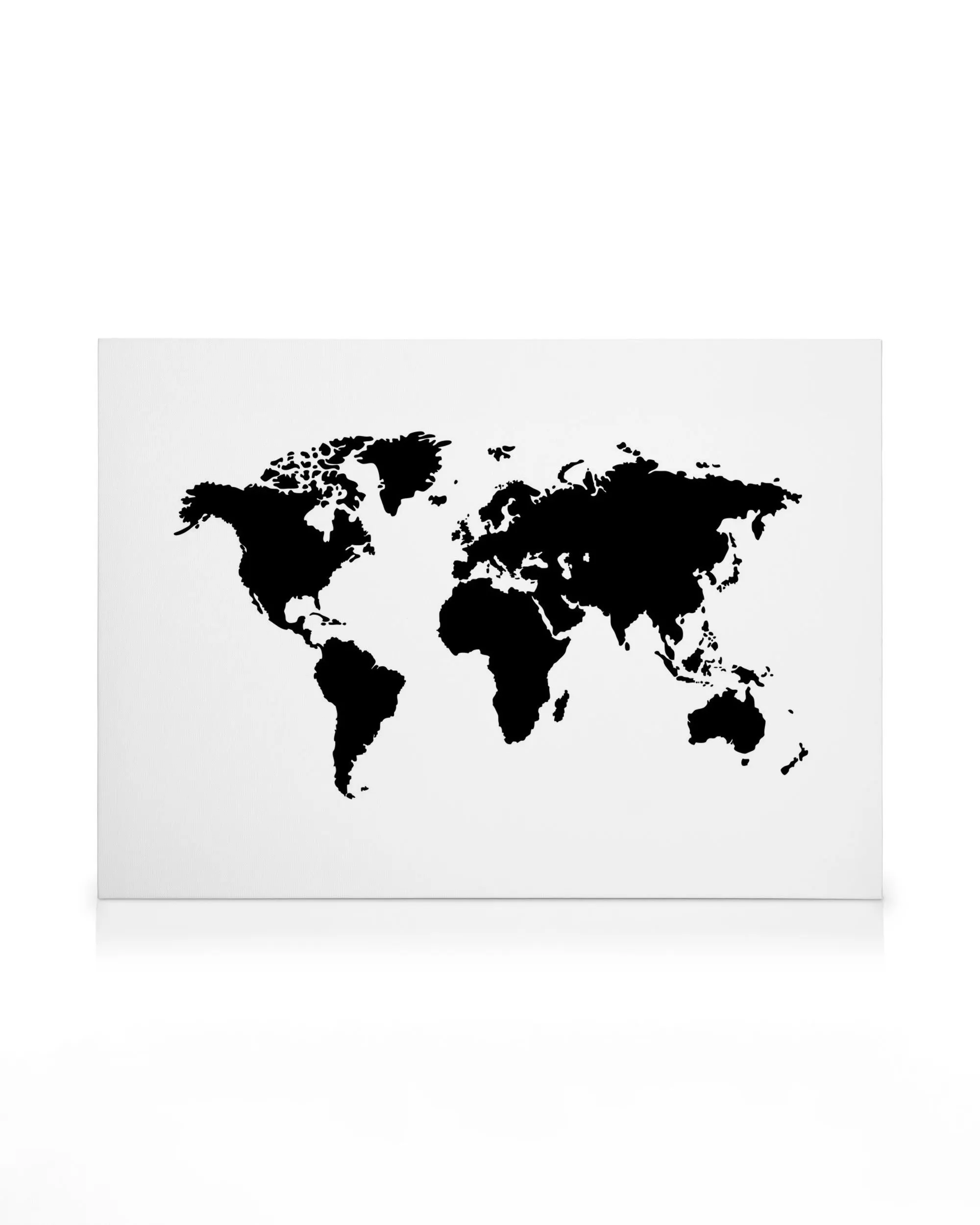 Schwarz-weißer Weltkarten-Leinwanddruck mit Kontinenten als schwarze Silhouetten auf weißem Hintergrund, minimalistische Wandkun