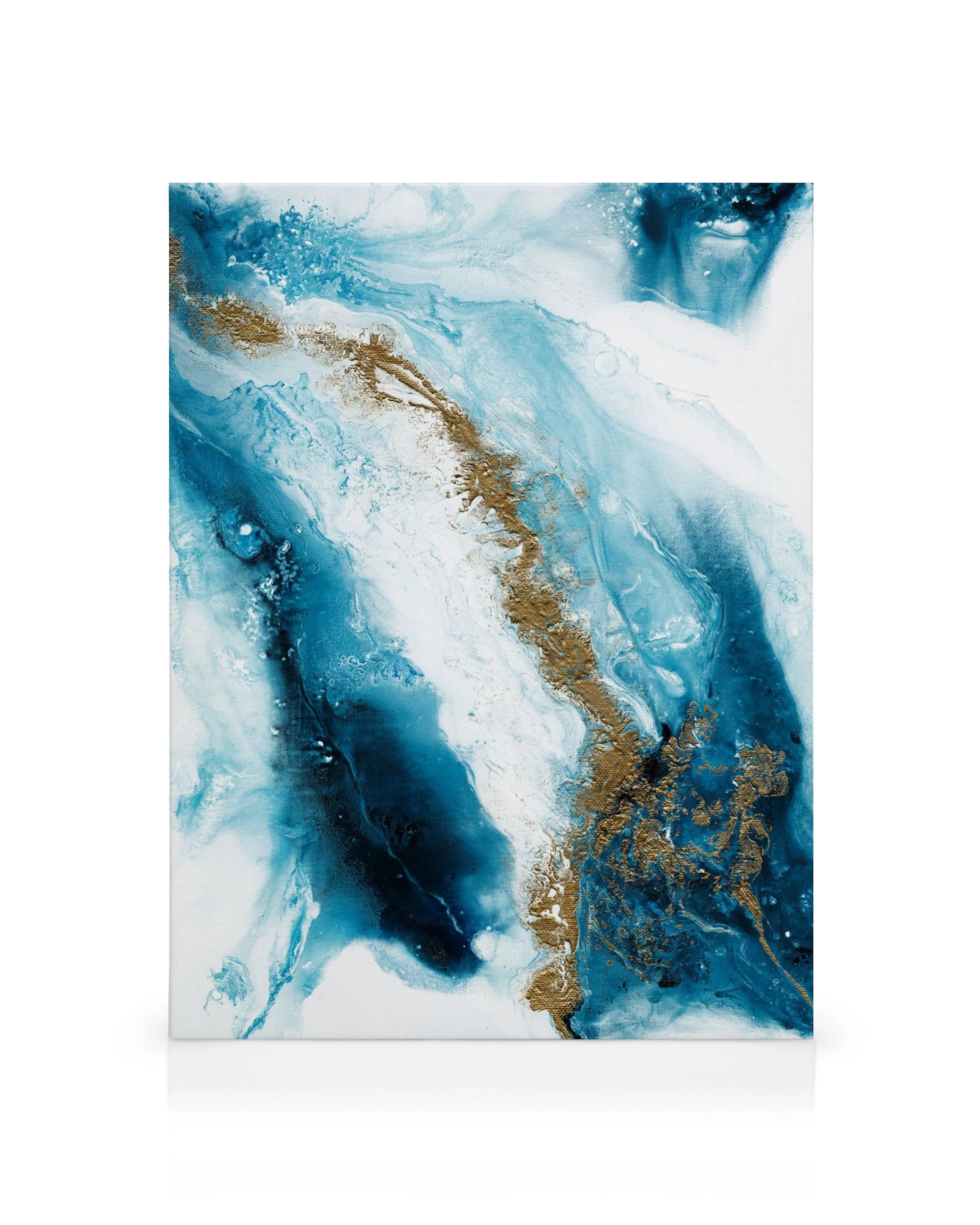 Abstract canvas print in swirling blues, white, and gold; fluid art resembling ocean depths or marble patterns.