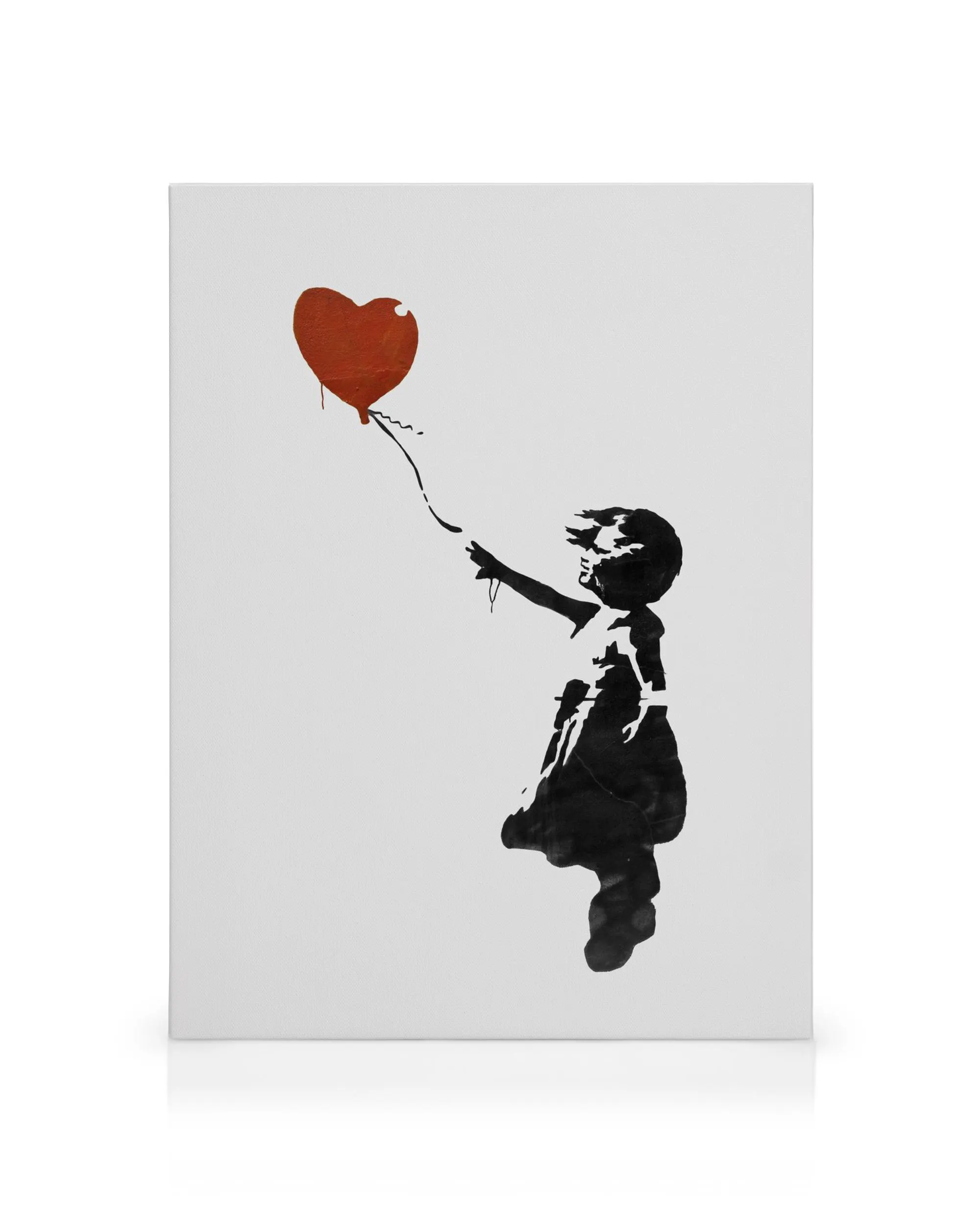 Zwart silhouet van een meisje dat reikt naar een rode hartvormige ballon op een witte achtergrond, Banksy canvas kunst.