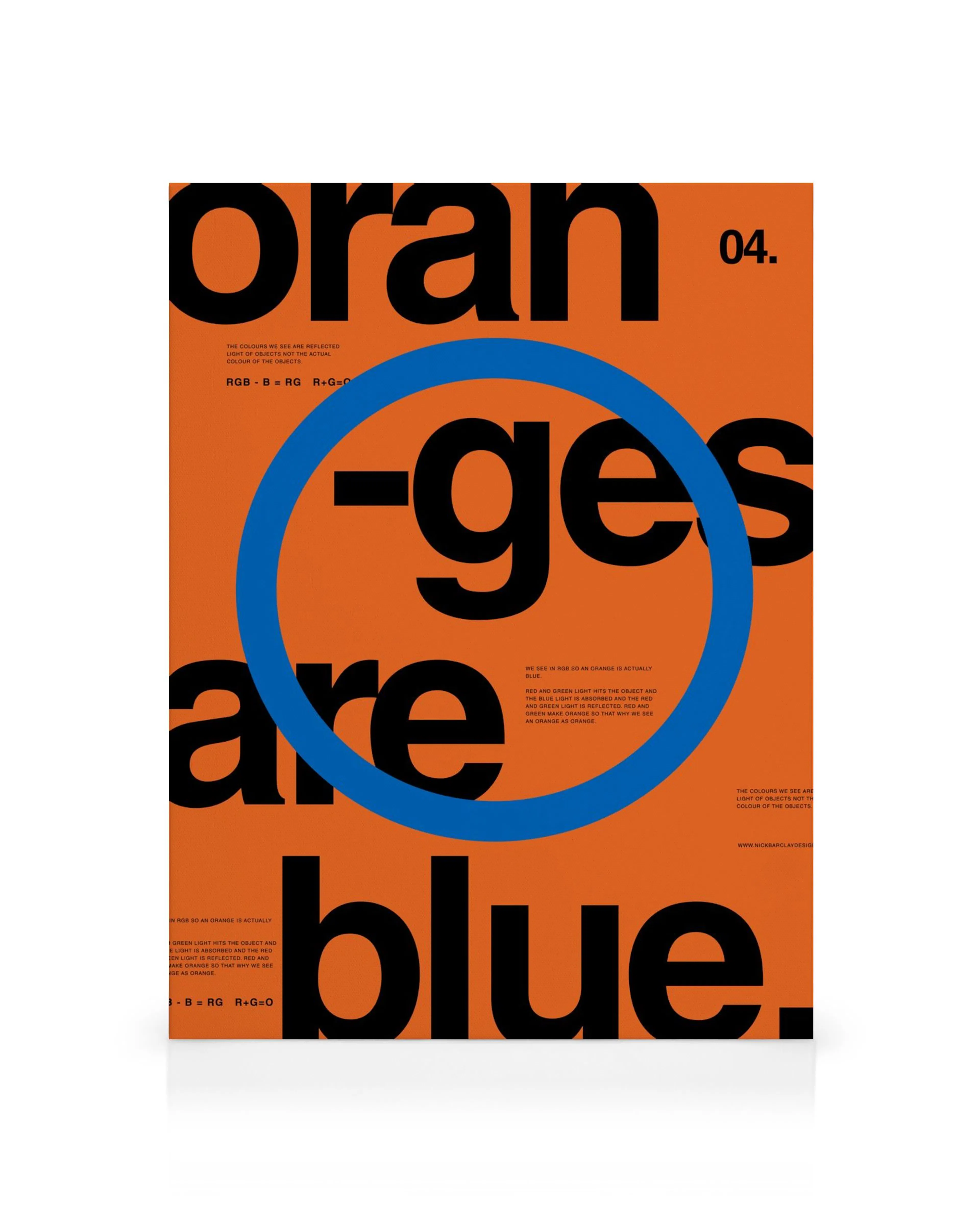 Toile avec typographie noire Oranges Are Blue et grand cercle bleu sur fond orange, numéro 04
