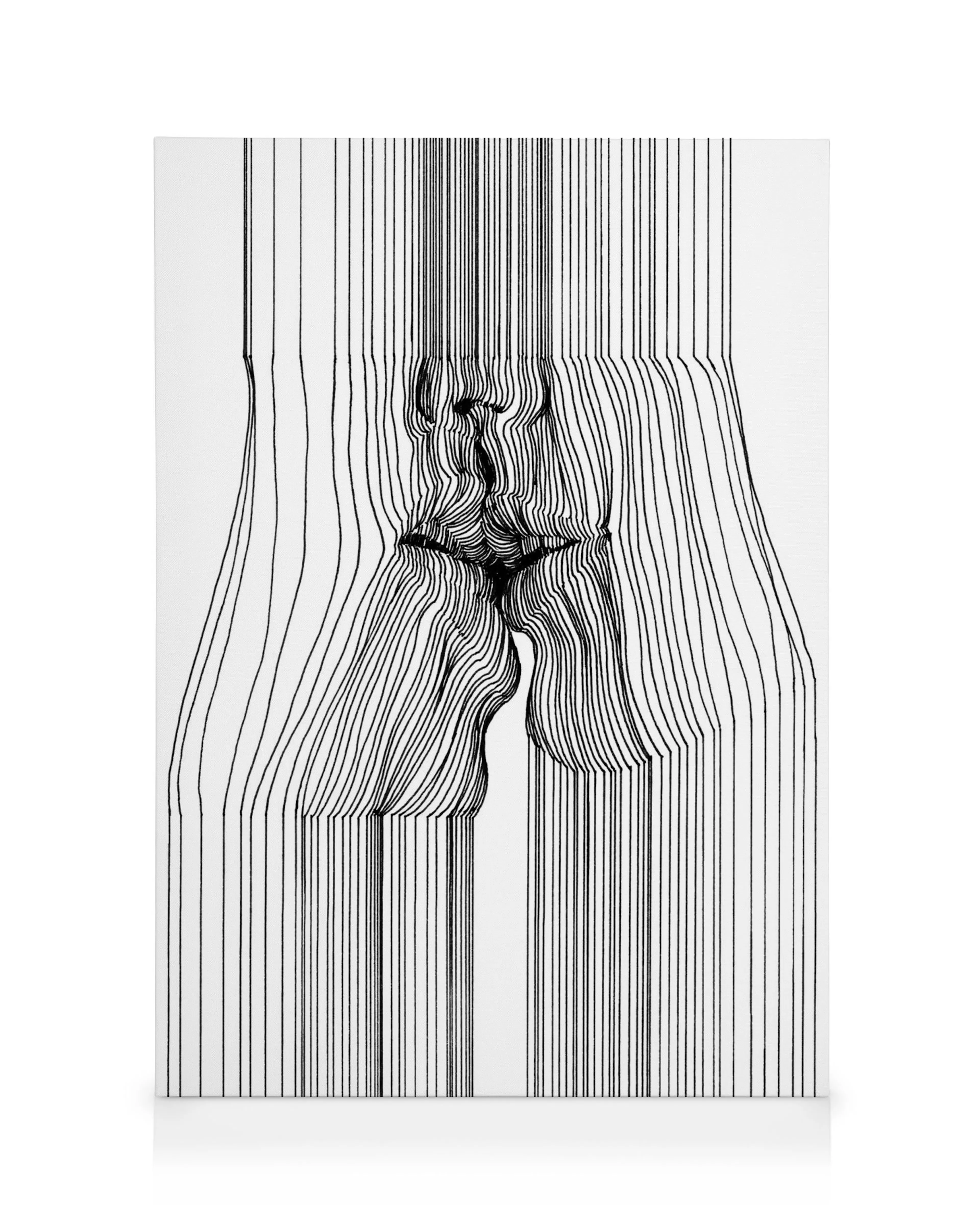 Abstract canvas print with black lines forming an optical illusion of two faces kissing, on a white background.