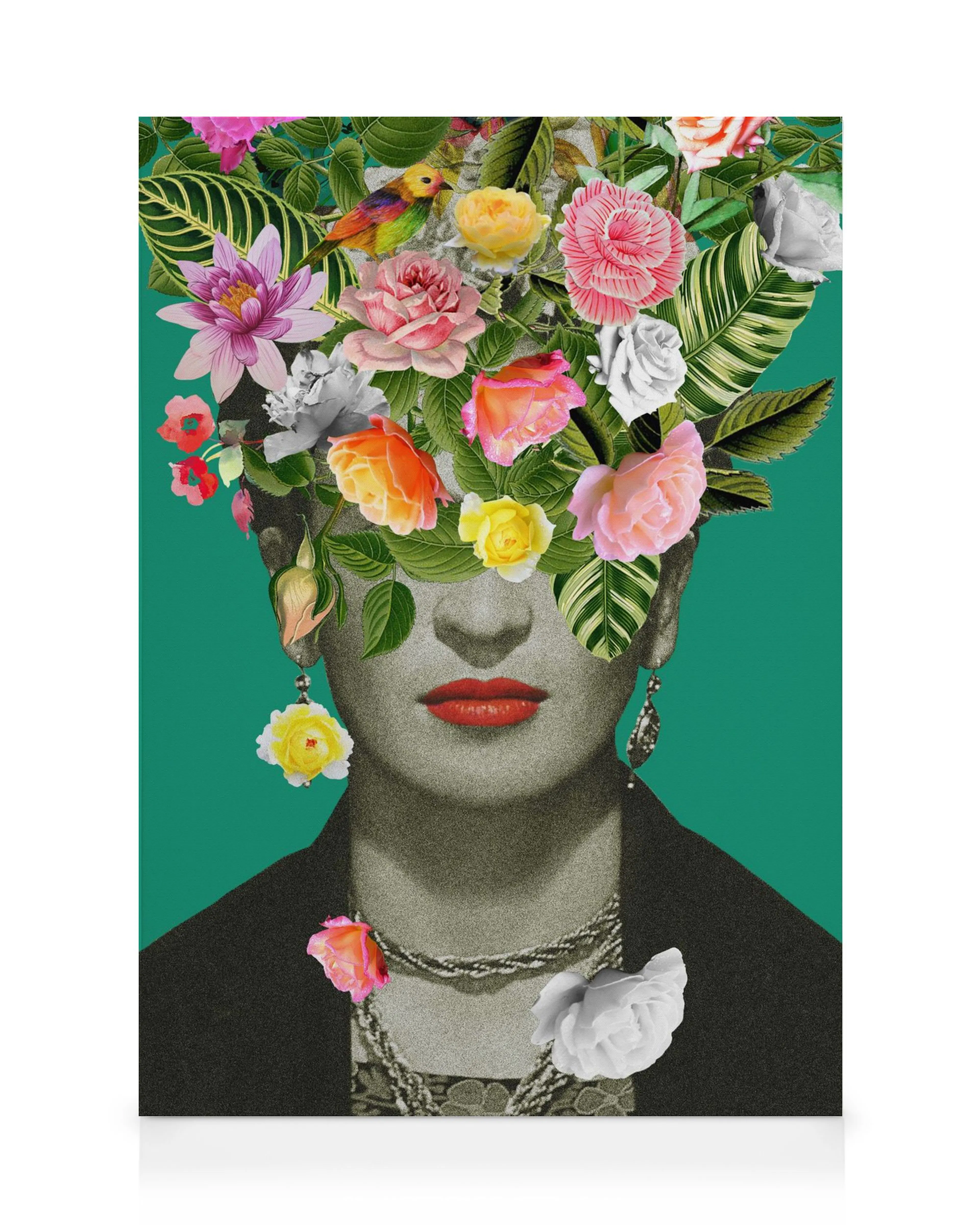 Frida Kahlos face with vibrant flowers and green leaves obscuring her eyes, red lips, and a small bird on her head