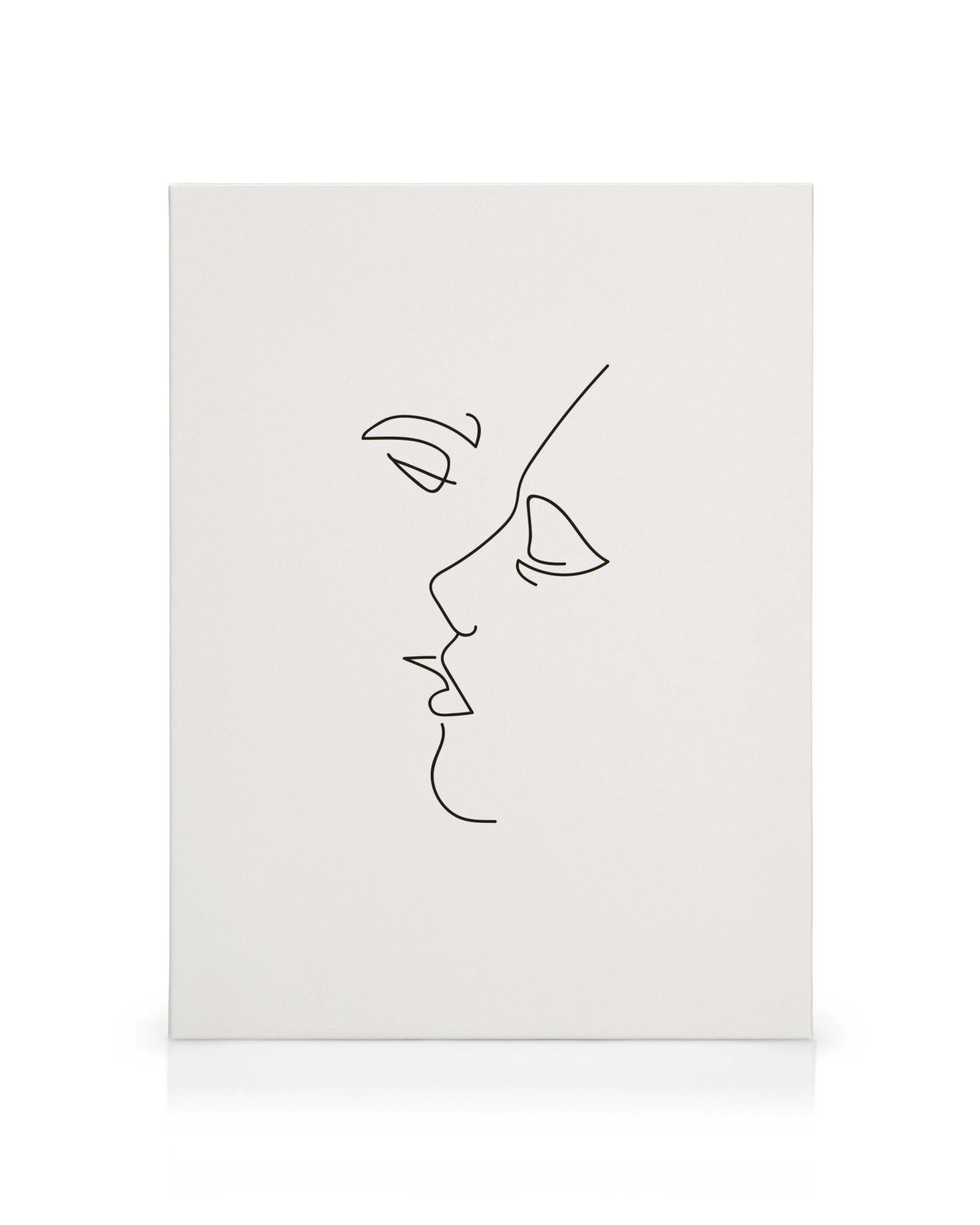 Lienzo minimalista con dibujo de línea negra de un rostro de perfil sobre fondo blanco, arte de pared elegante.