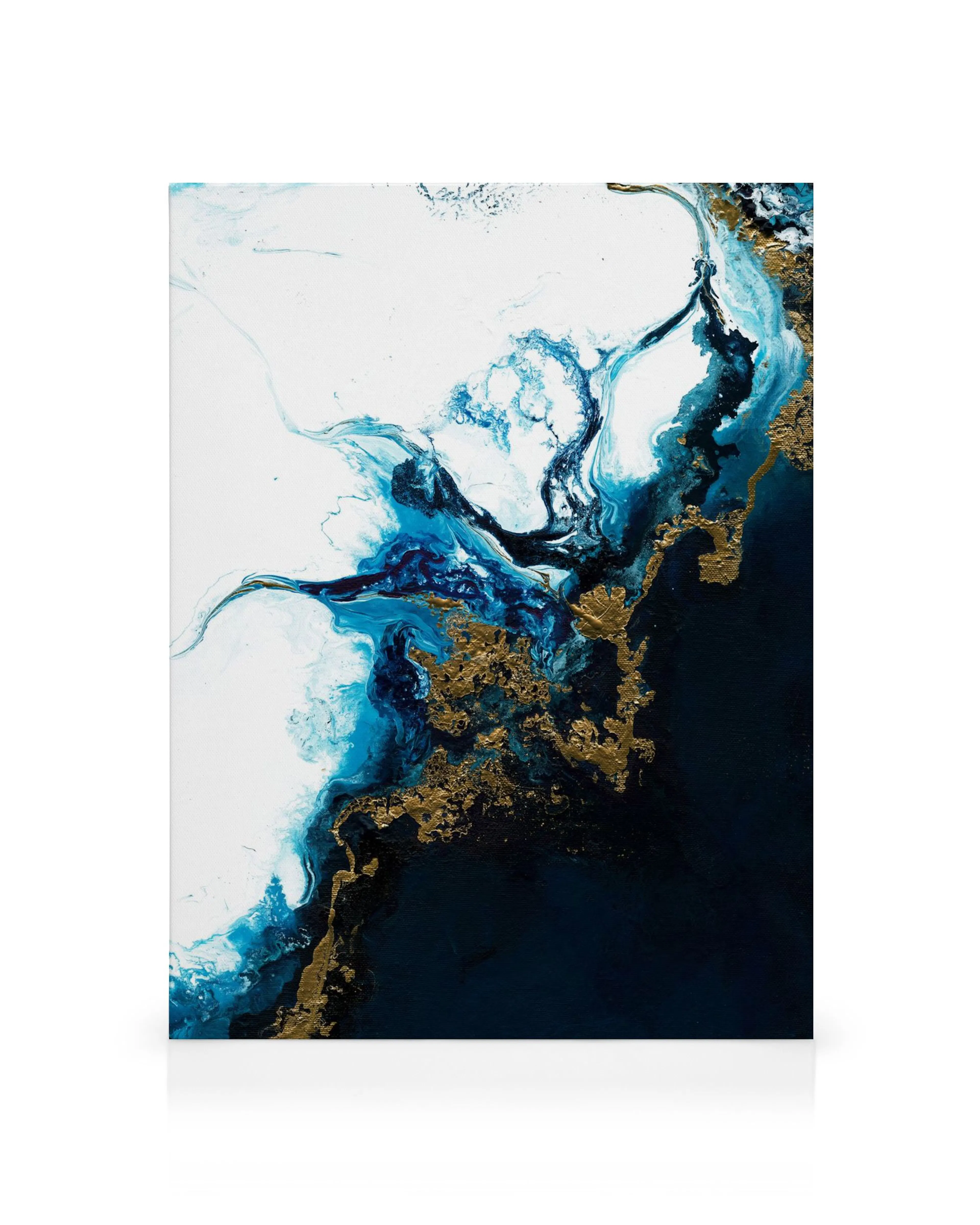 Abstract blue, white, and gold swirling fluid art canvas print on a black background, creating a marbled effect.