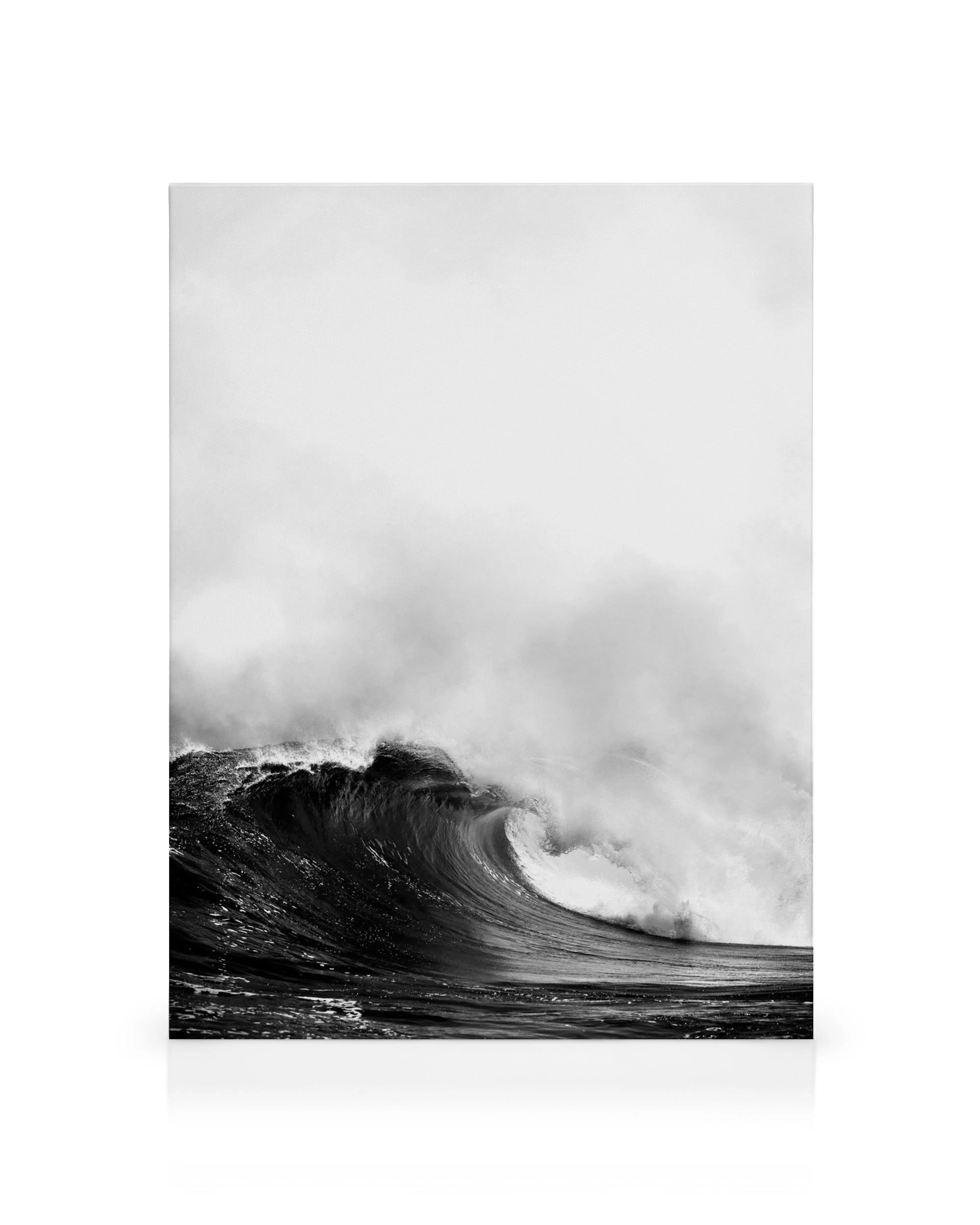 Black and white canvas print of a powerful ocean wave crashing with sea spray, perfect as a canvas print.