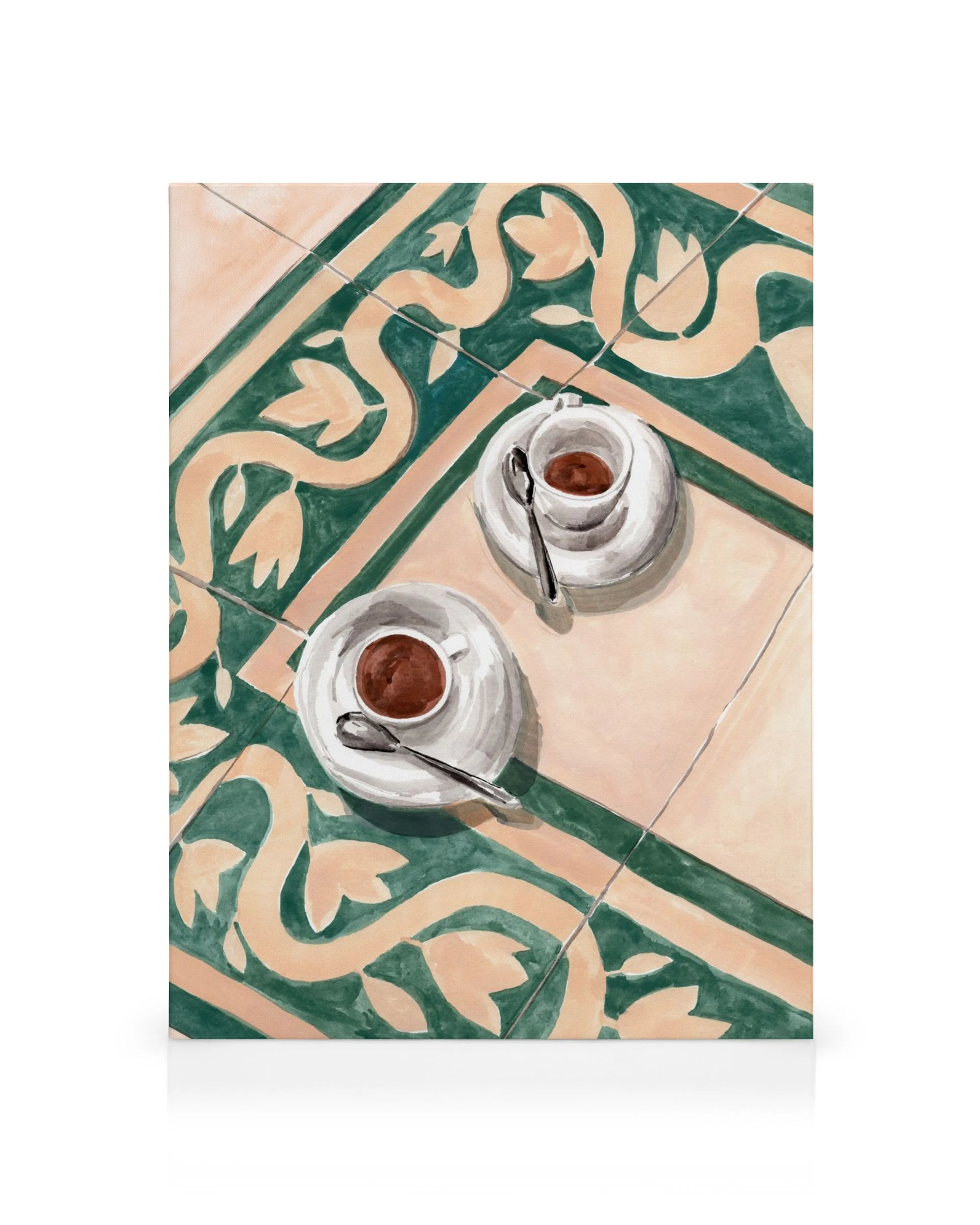 Stampa su tela che raffigura due tazzine di caffè su un tavolo con piastrelle verdi e beige.