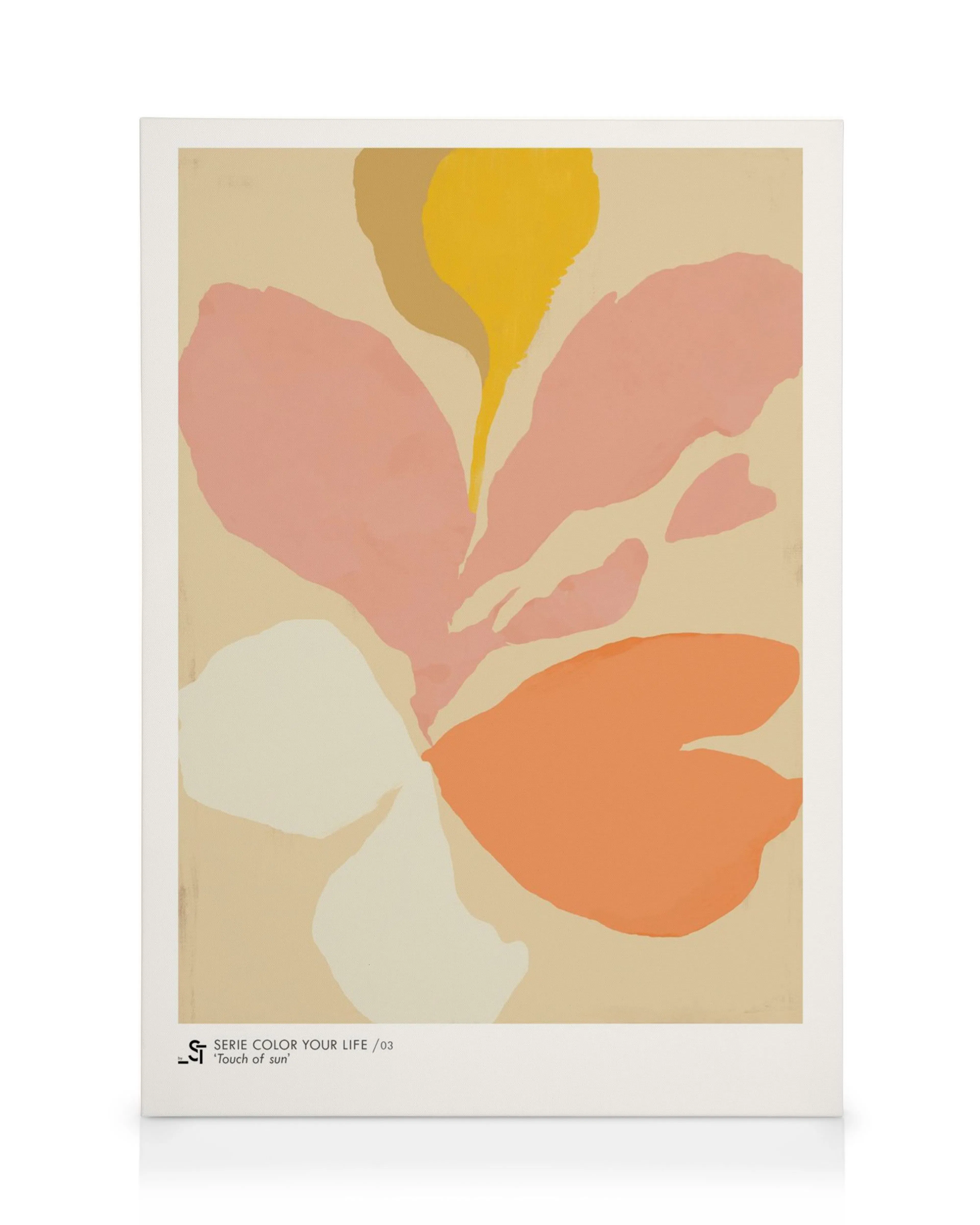 A canvas print featuring abstract floral art with pink, orange, white, and yellow shapes on a beige background.