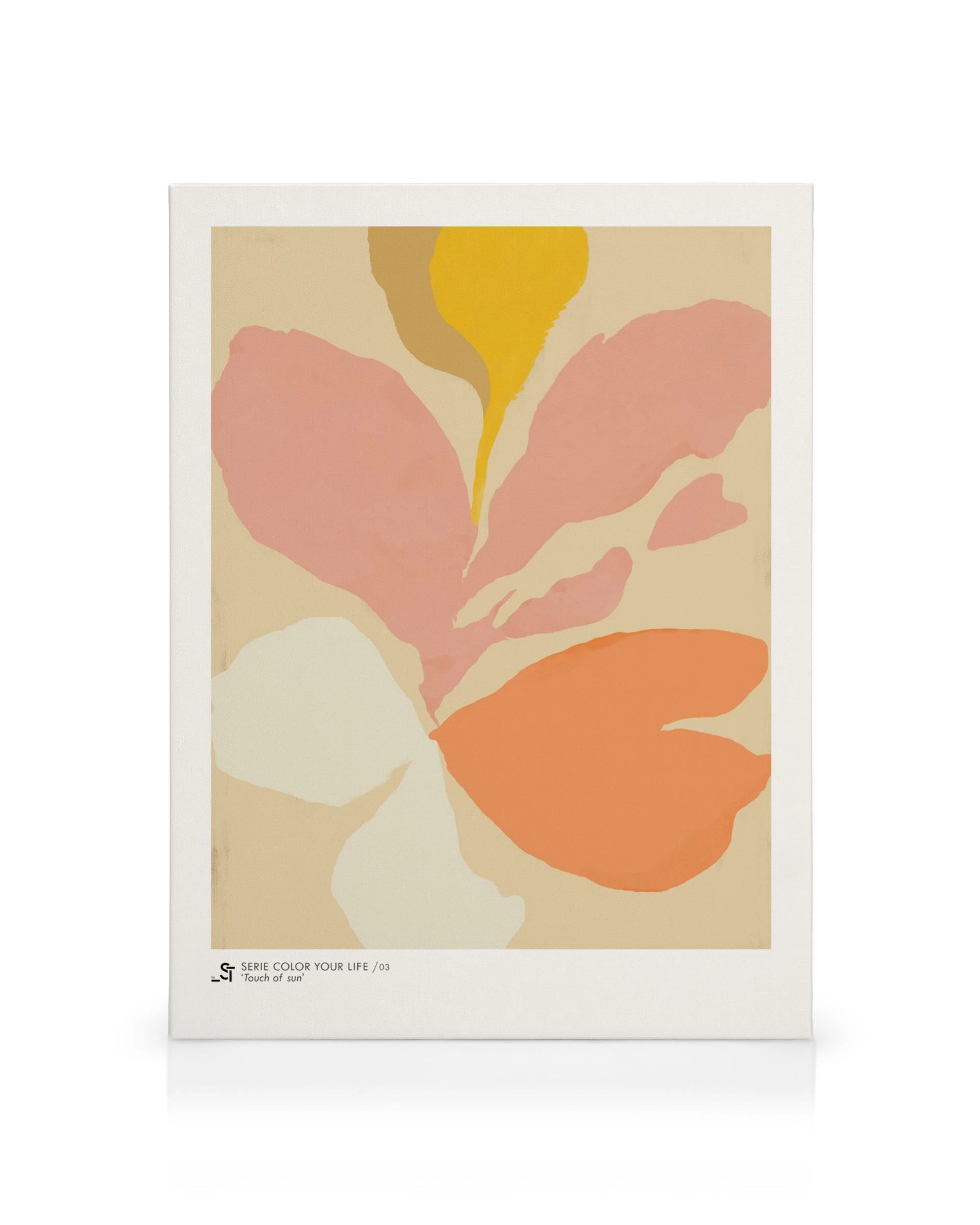 A canvas print with soft, organic shapes in yellow, pink, white, and orange on a light beige background.