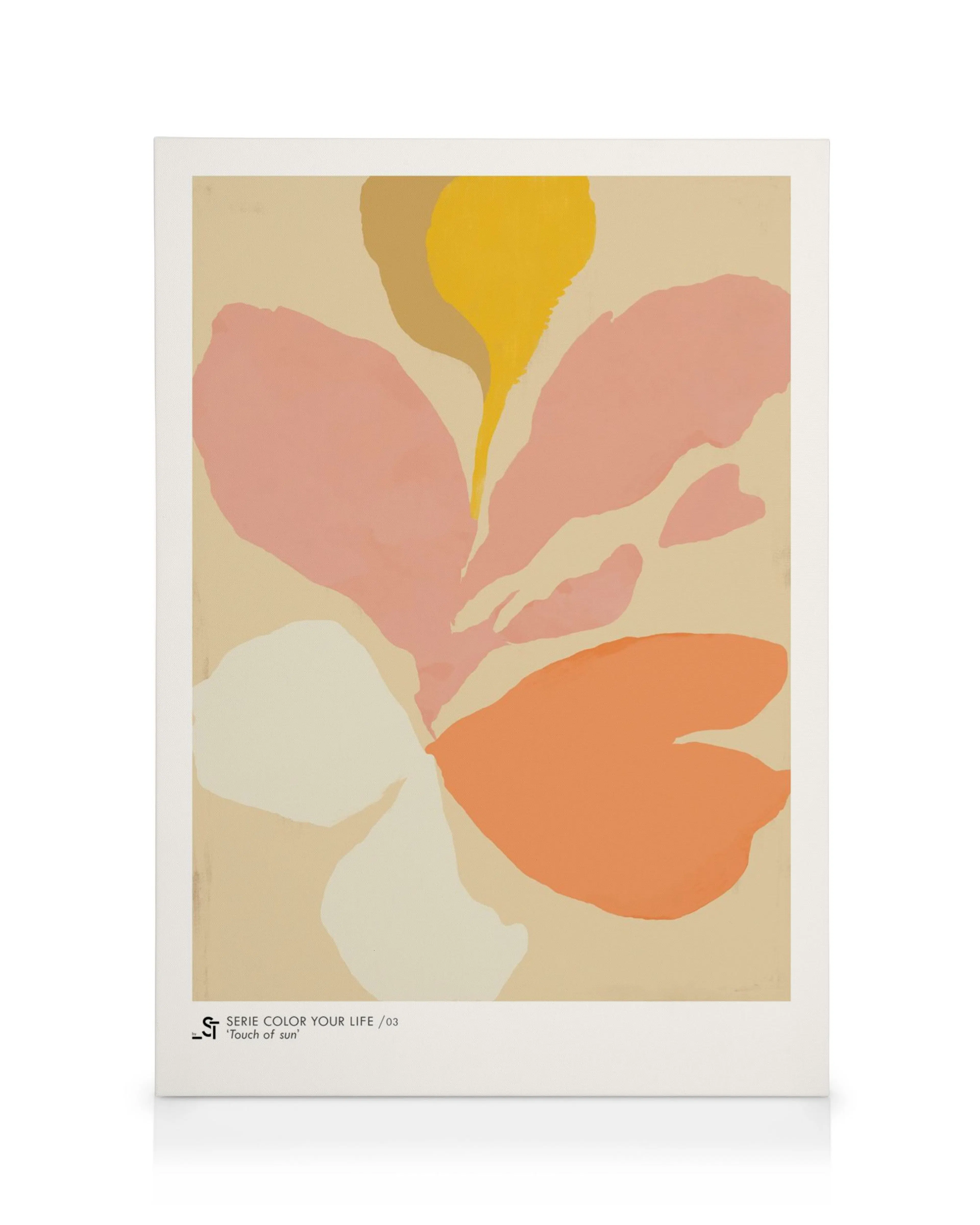 Leinwandbild mit abstrakten Blütenformen in Rosa, Orange, Beige und Gelb auf hellem Hintergrund.