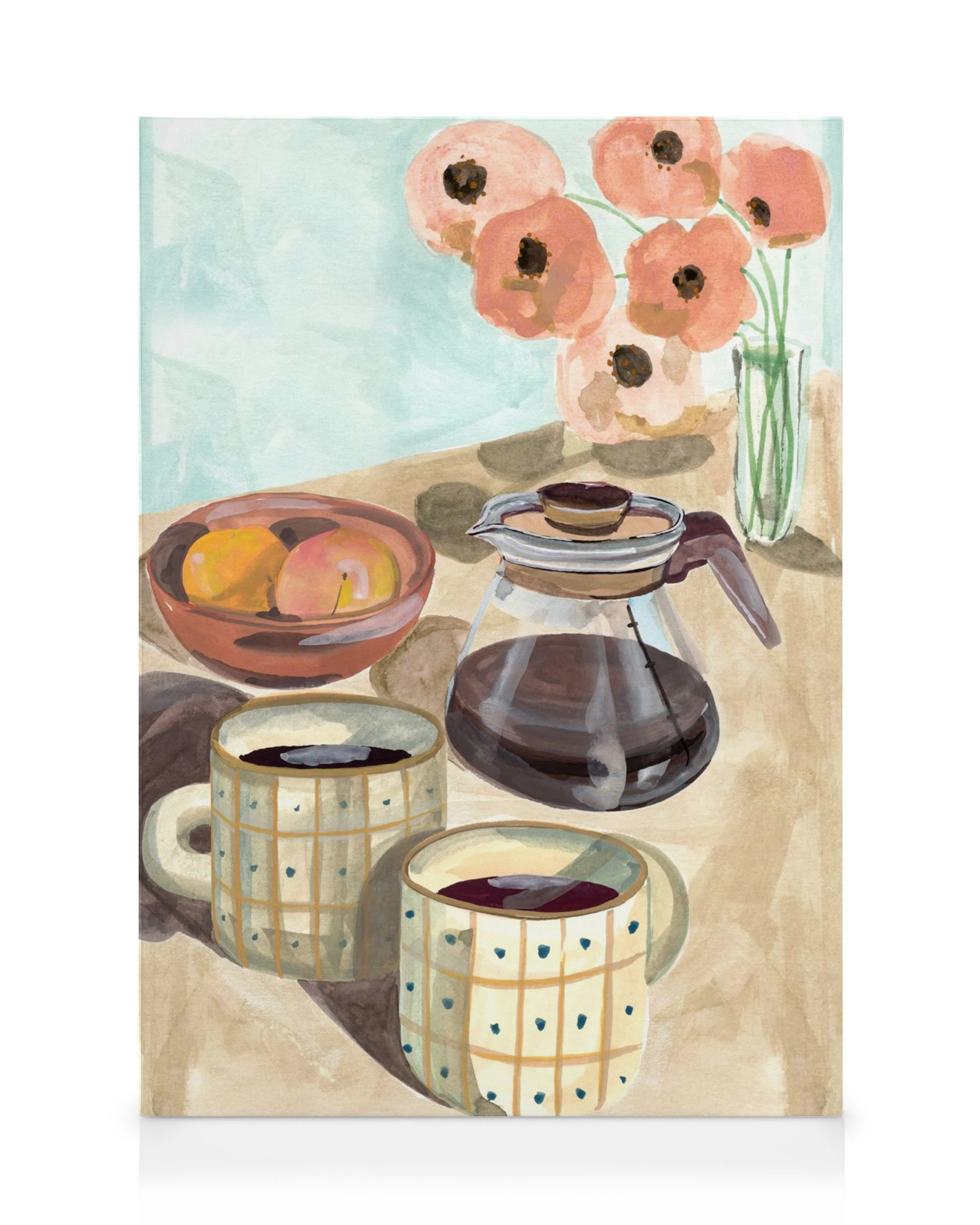 Leinwandbild mit einem Stillleben aus einer Kaffeekanne, zwei Tassen, einer Obstschale und rosafarbenen Blumen.