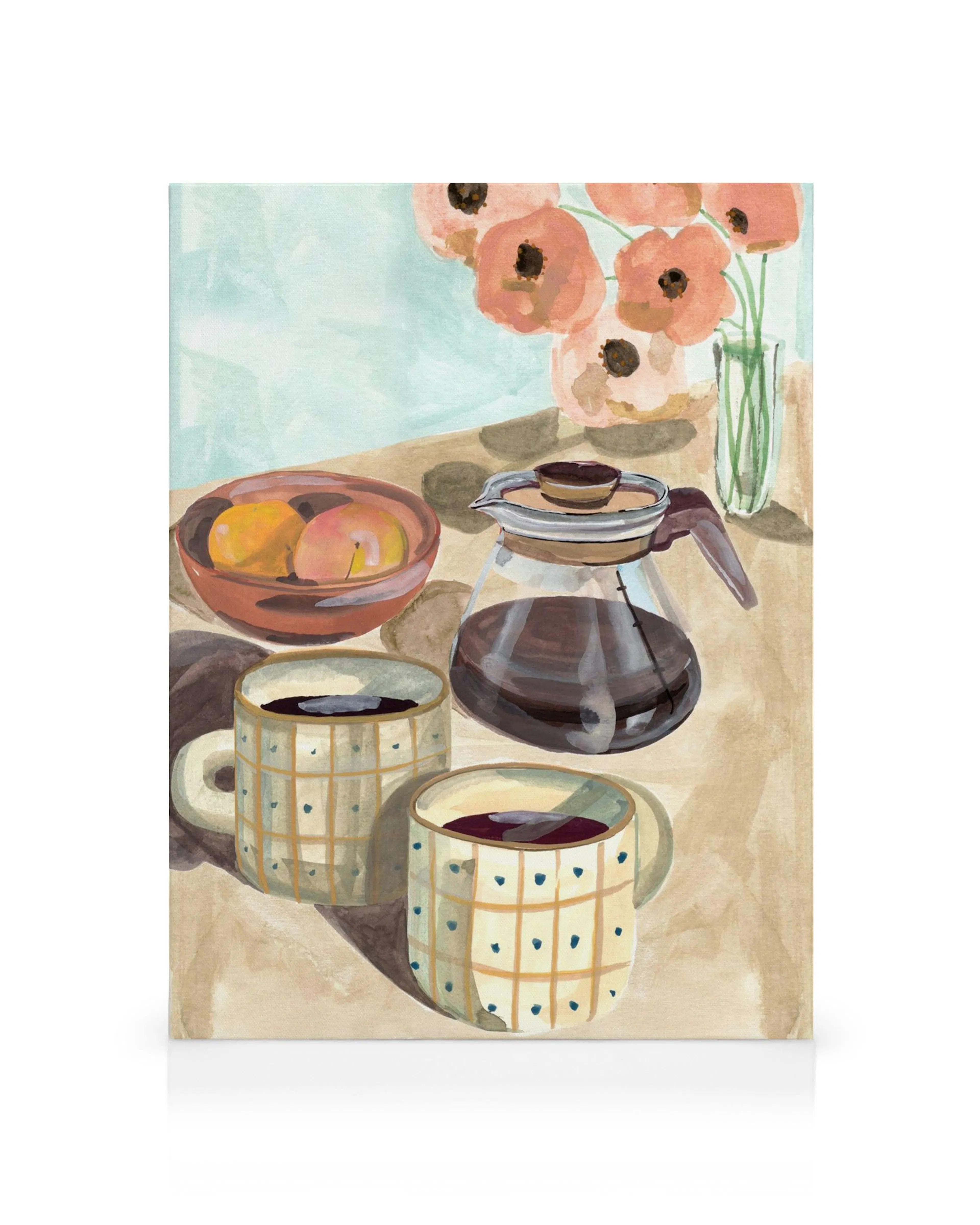 Tela decorativa com pintura de natureza morta, focando em uma cafeteira, duas canecas de café e uma taça de fruta.