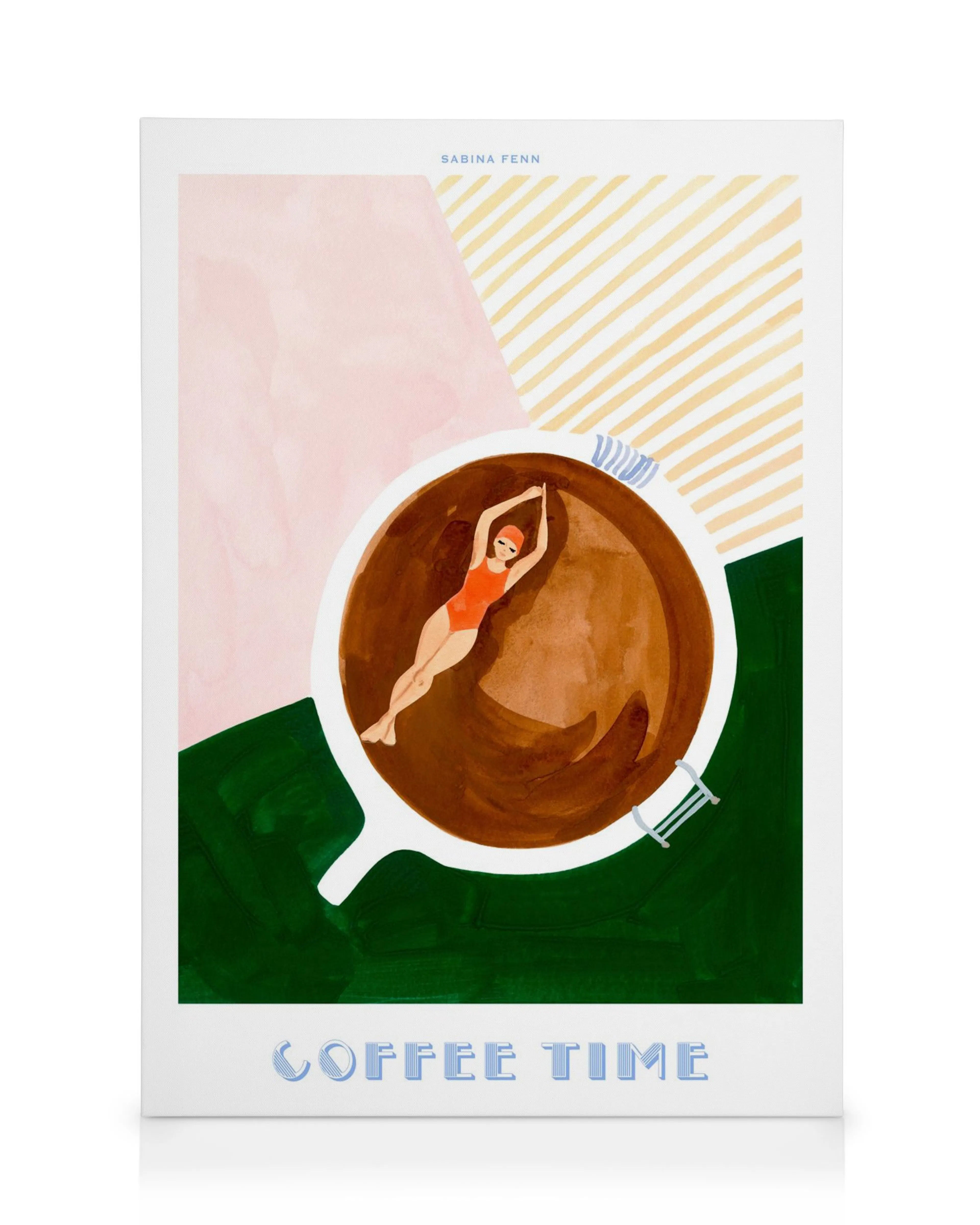 Obraz na plátne zobrazujúci ženu v červených plavkách plávajúcu v šálke kávy, s nápisom COFFEE TIME.
