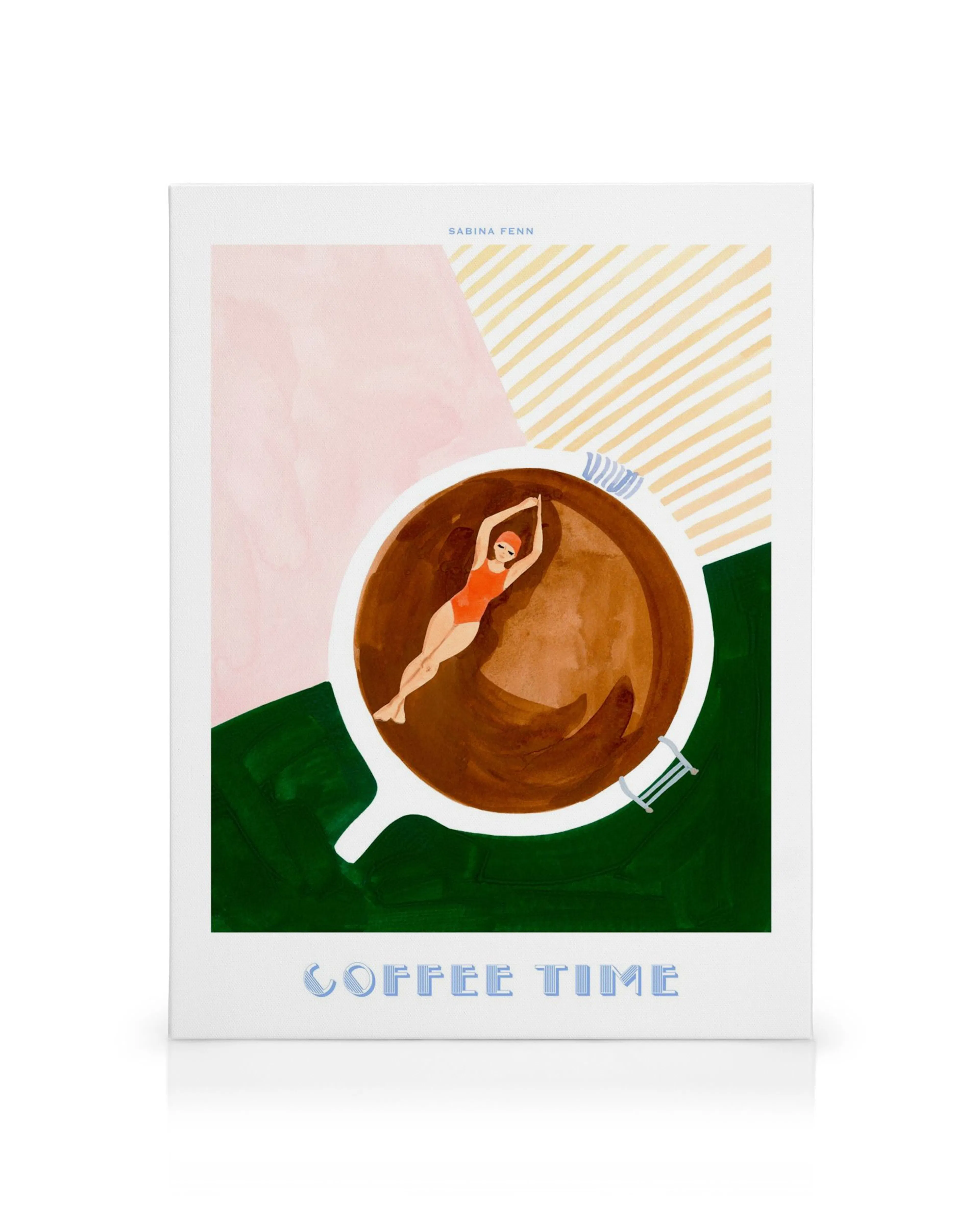 Toile Coffee Time avec une femme nageant dans une tasse de café, fond rose, rayures jaunes et vert foncé.