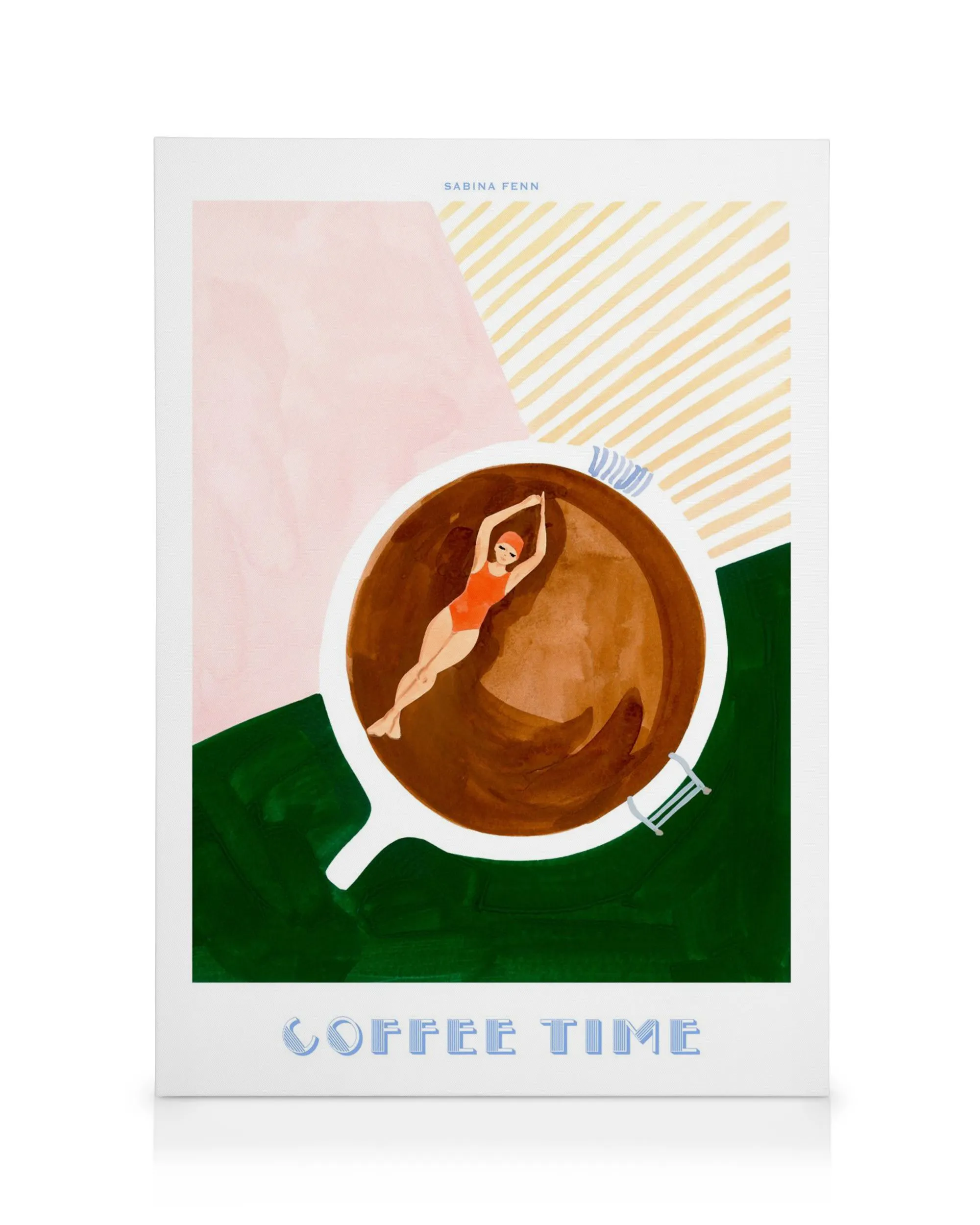 A canvas print featuring a playful illustration of a person swimming in a coffee cup with Coffee Time text.