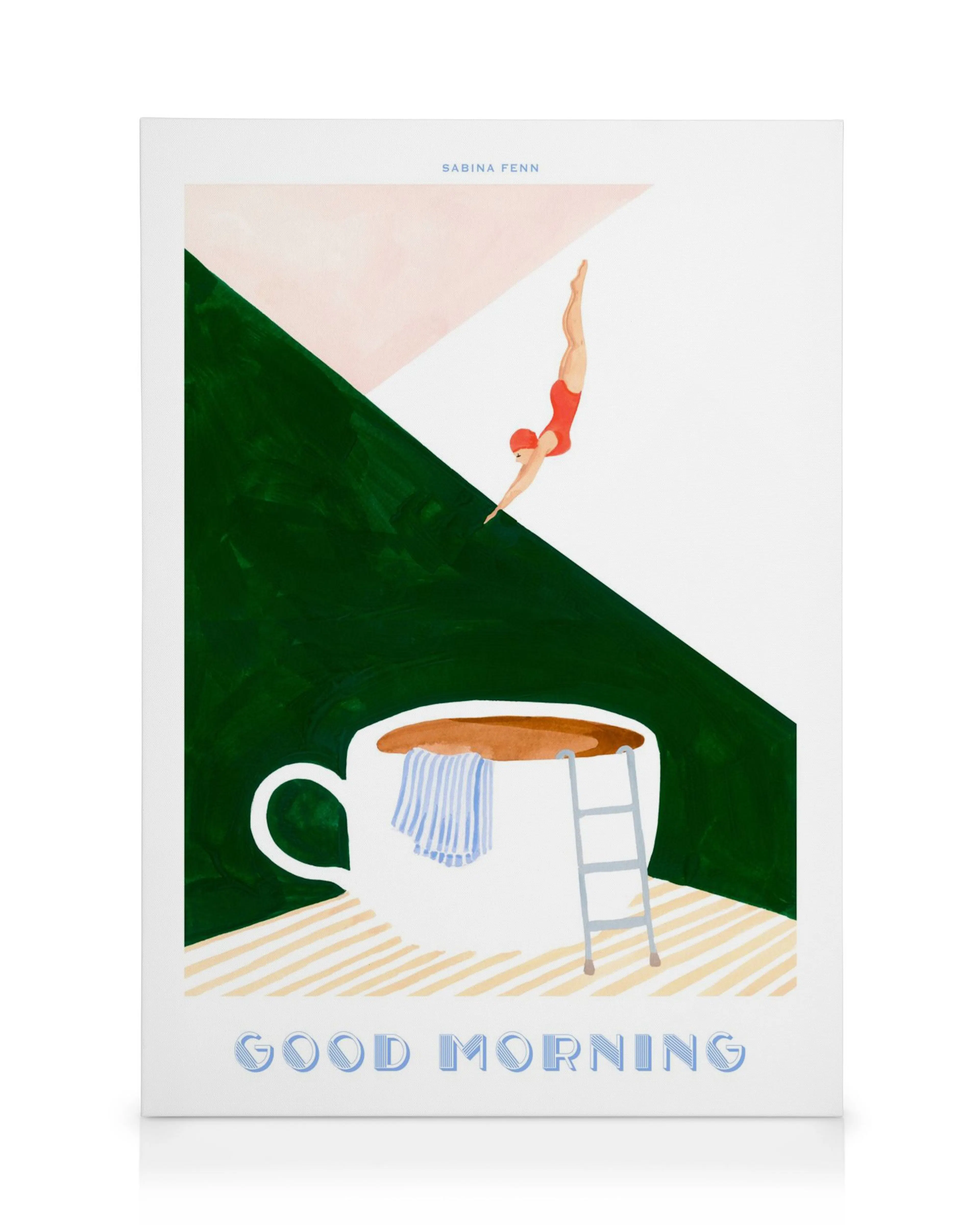 Leinwandbild mit einem Badegast im roten Badeanzug, der in eine Kaffeetasse springt, dazu der Schriftzug GOOD MORNING.