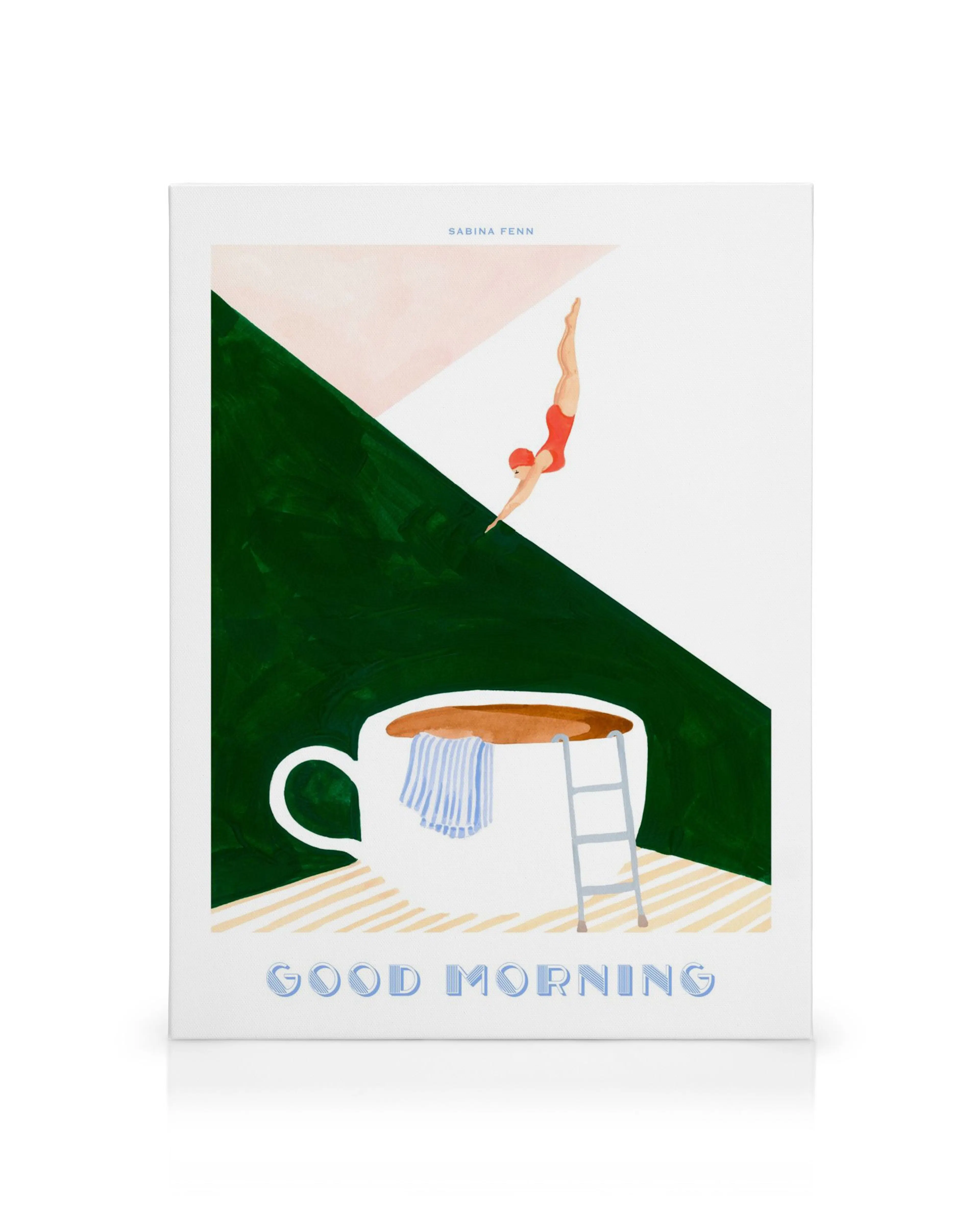 Toile Good Morning avec une plongeuse rouge sautant dans une tasse de café, fond vert et blanc.