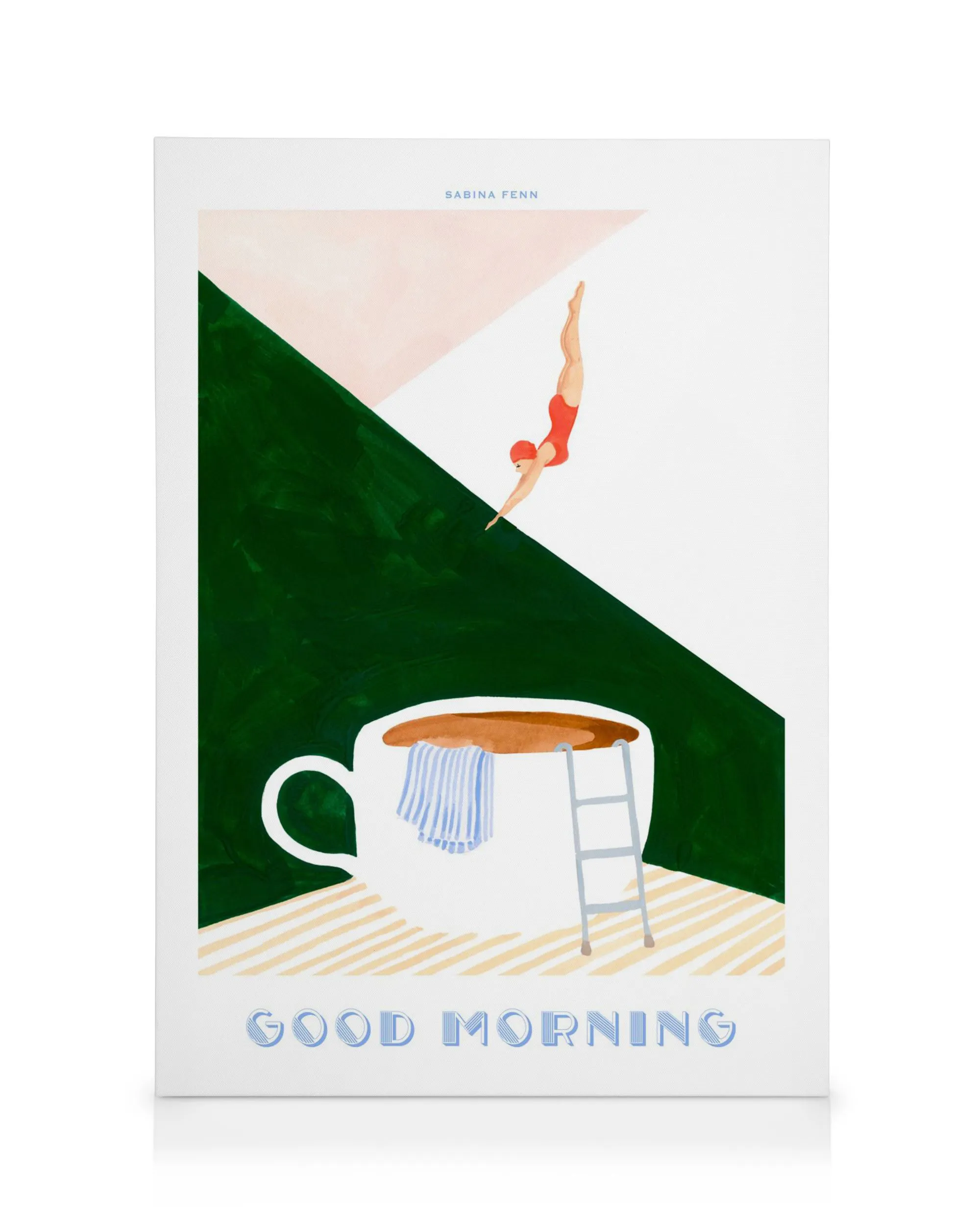 A canvas print depicting a diver in a red suit plunging into a large coffee cup, with GOOD MORNING text below.
