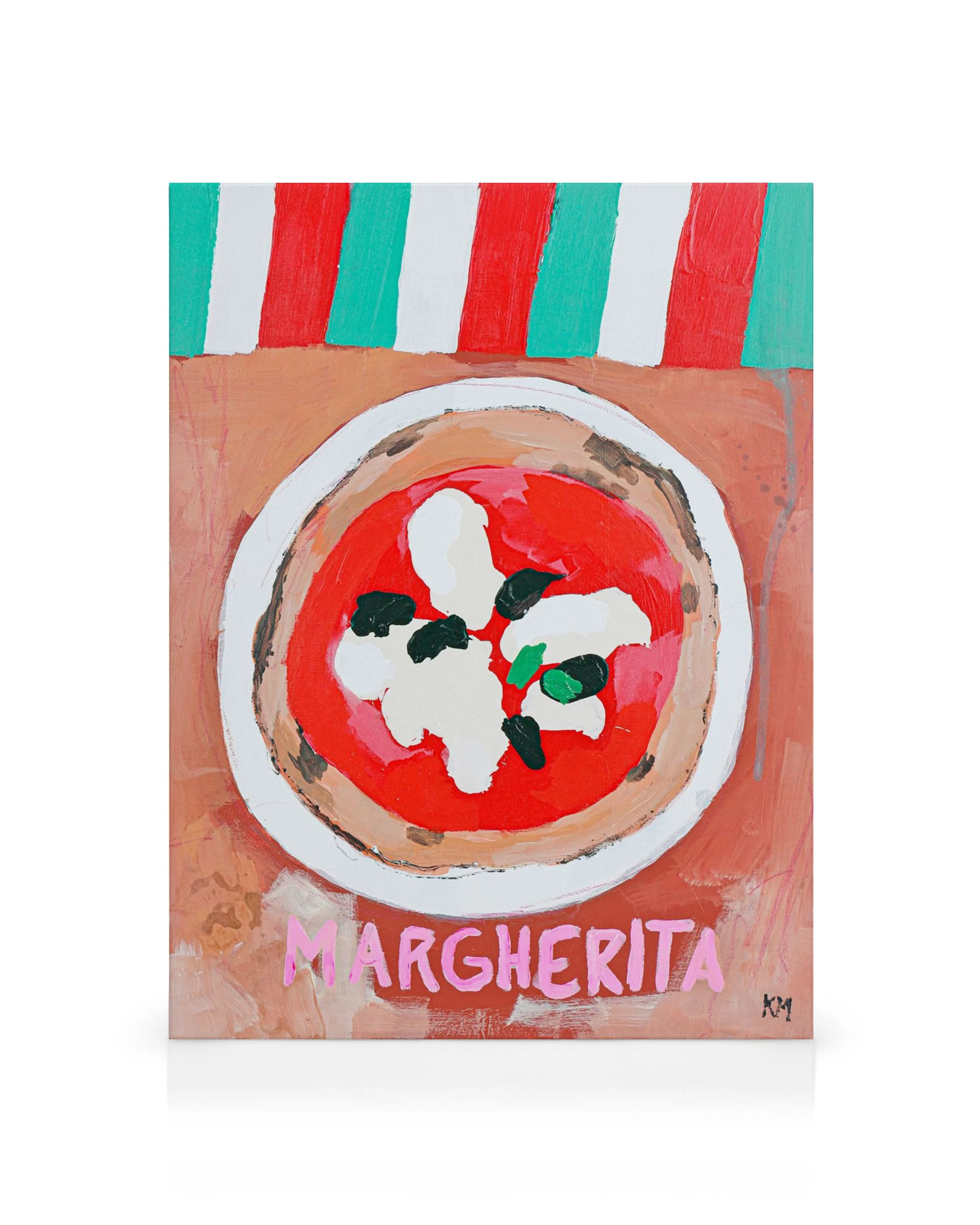 Margherita-pizza-aiheinen kanvaasitaulu, jossa on paksua maalia ja kirkkaita värejä.