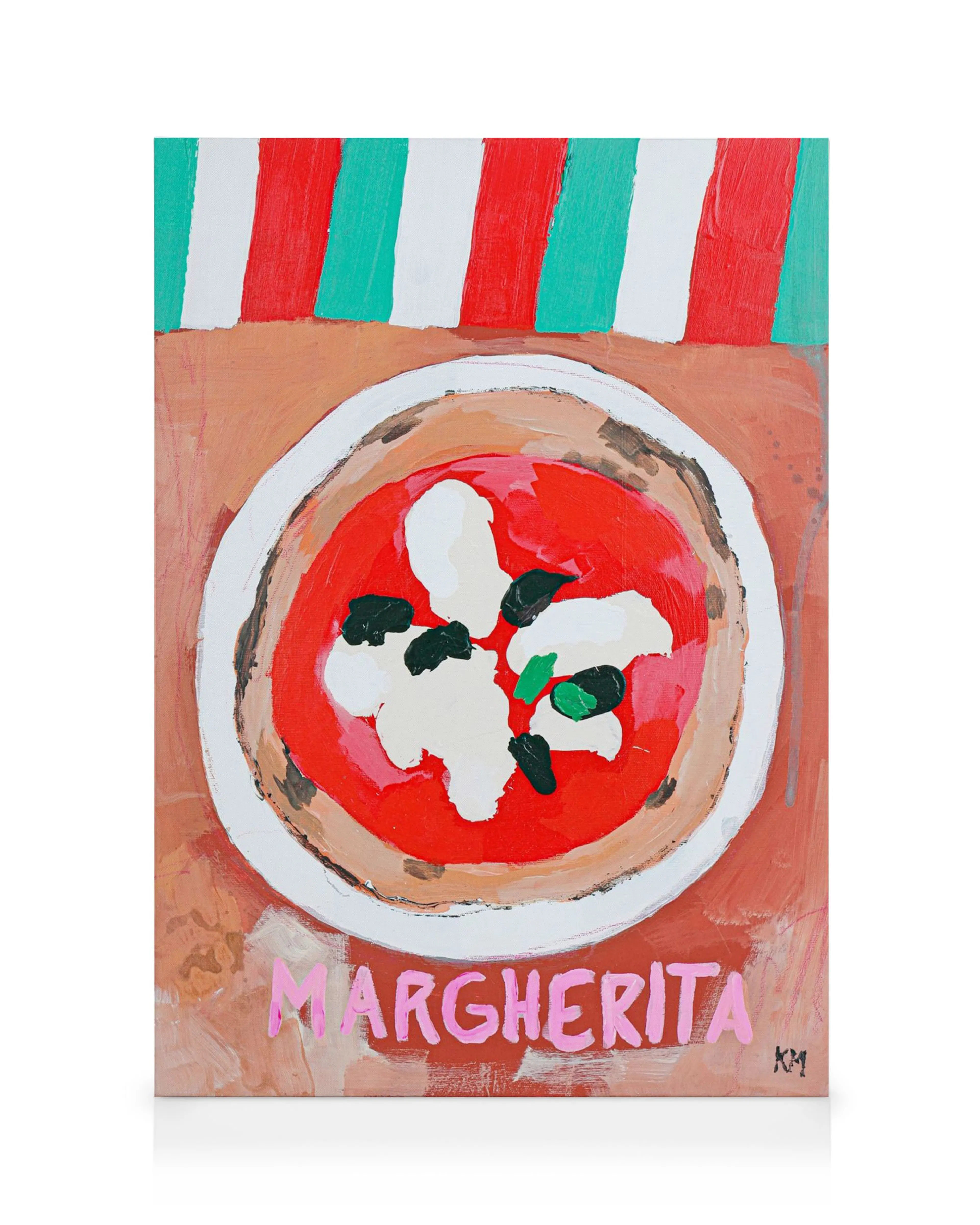 Levende akrylmaleri af en Margarita pizza med mozzarella og basilikum på lærred, Karolina Mila kunst.