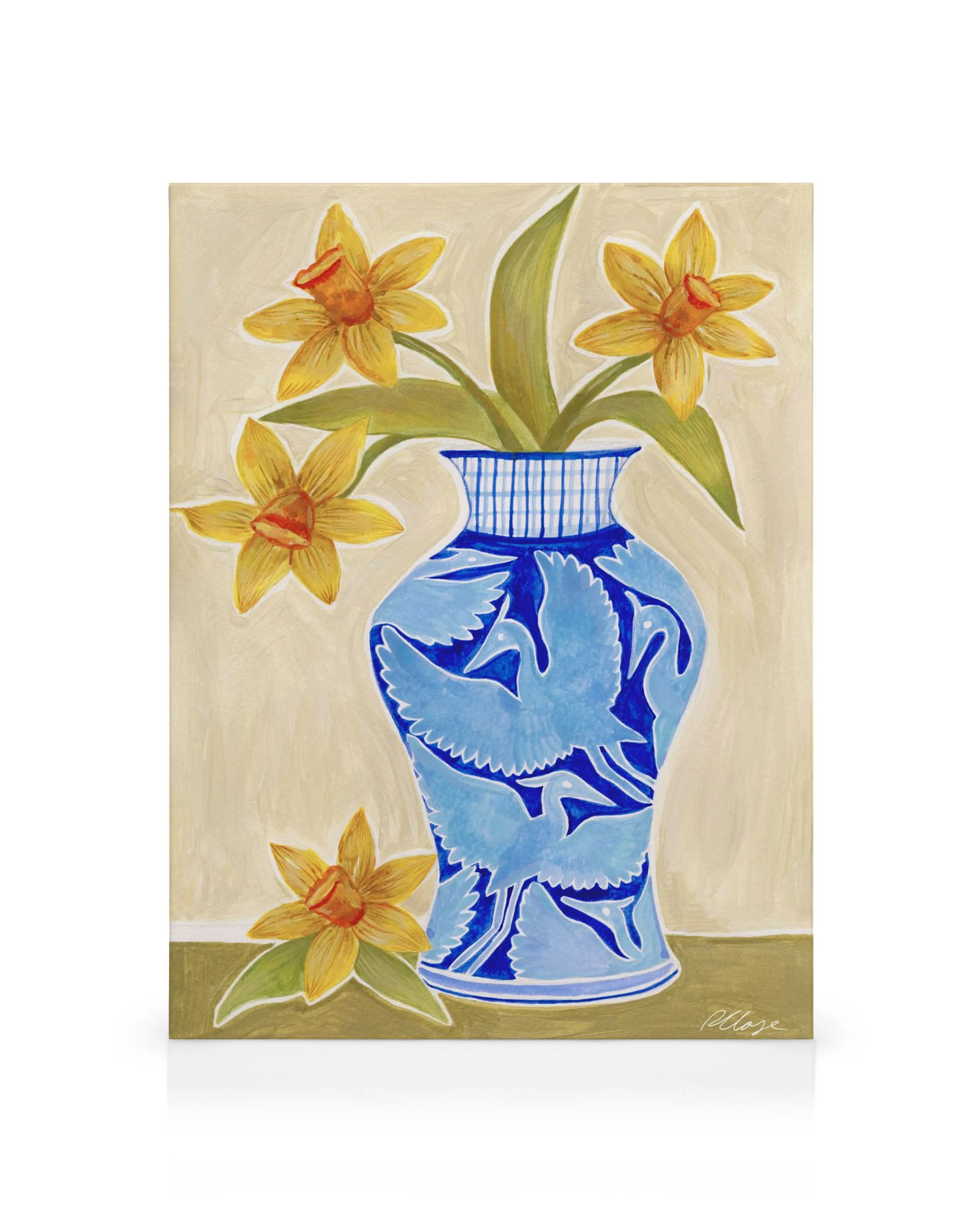 Blue and white vase with bird motif holding yellow daffodil flowers, canvas print.