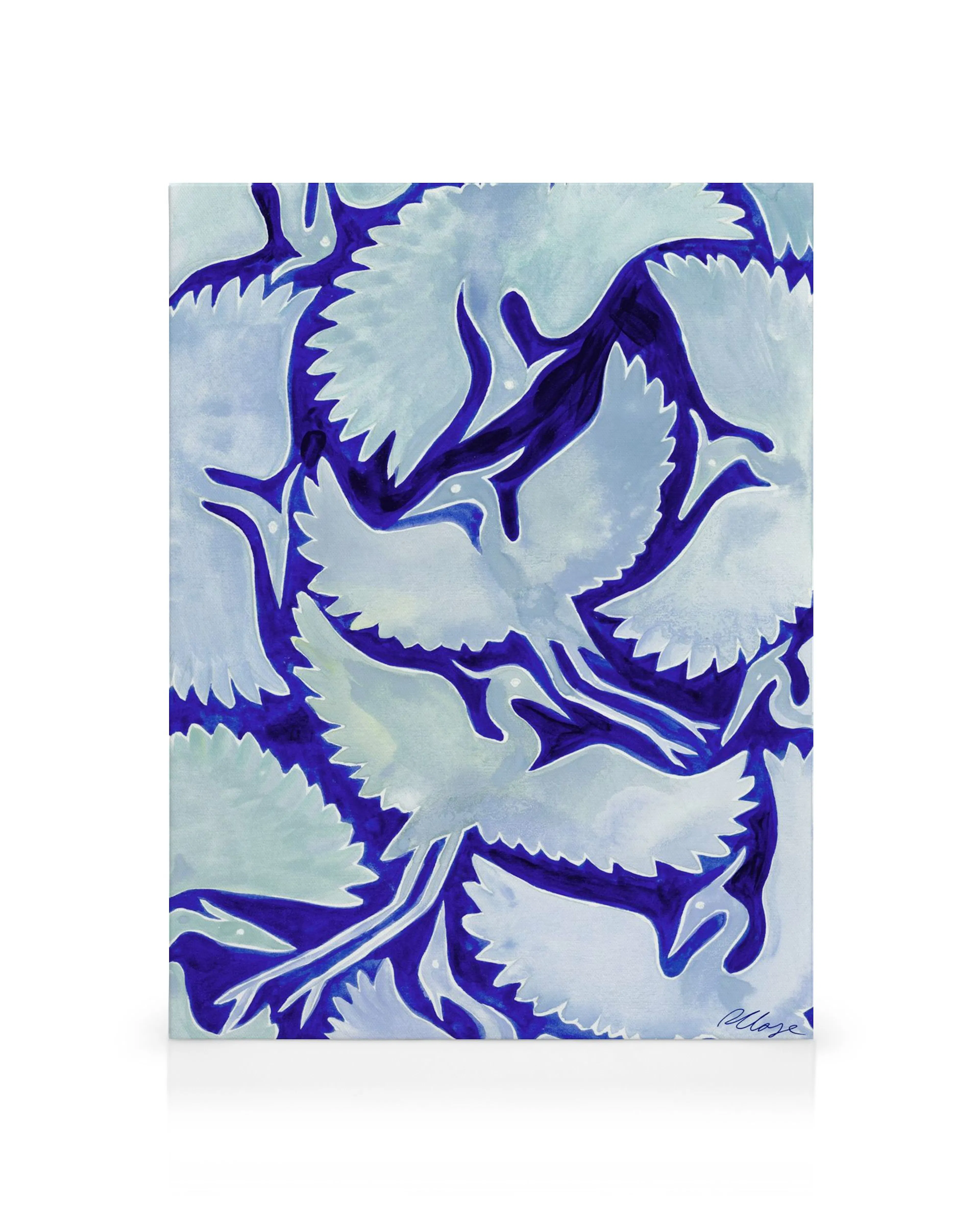 Tela decorativa Rosanna Corfe com garças brancas estilizadas em tons de azul profundo e claro, assinatura da artista.