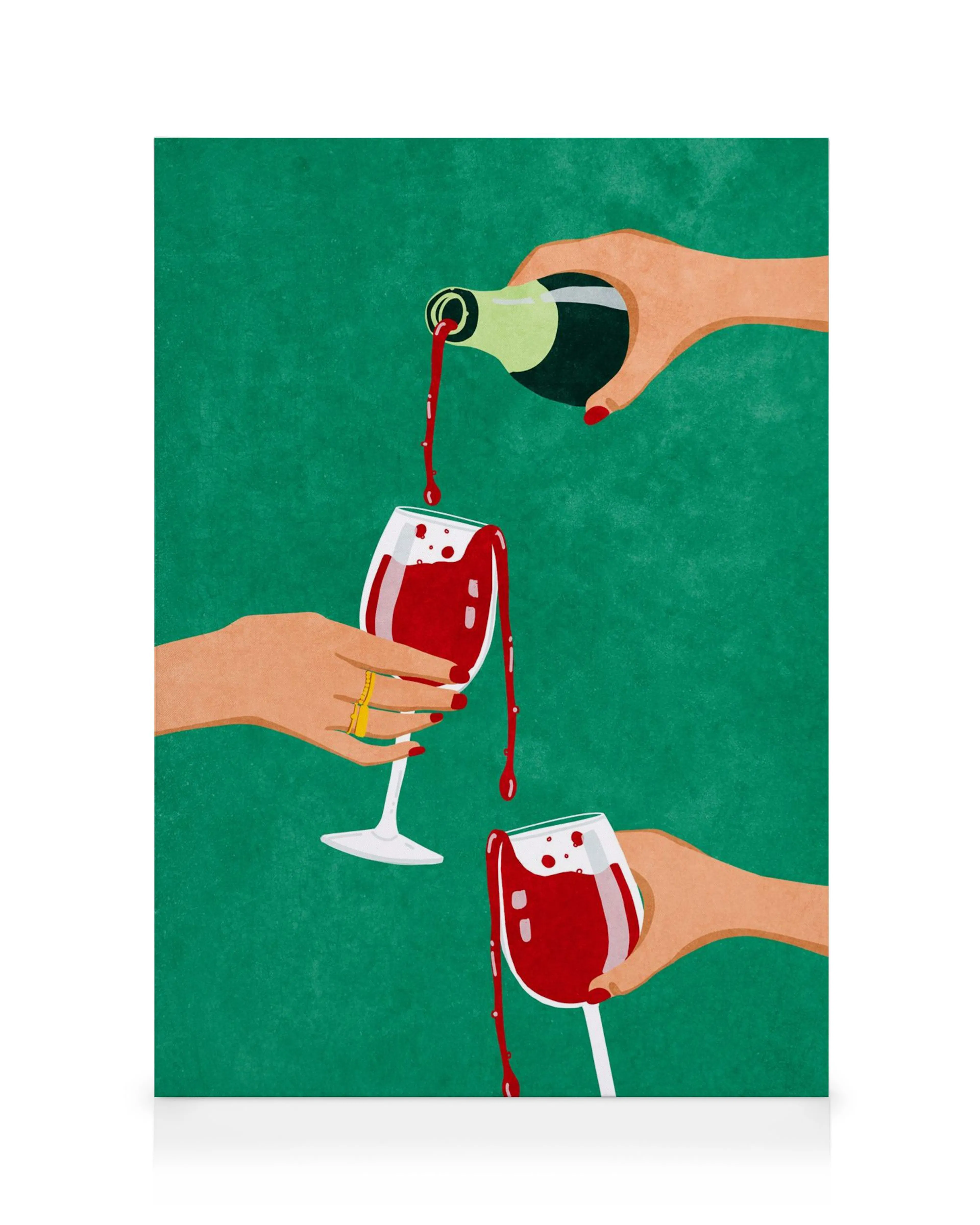 Raissa Oltmanns Cheers canvas art: vibrant red wine pours into two glasses, hands holding them on a green background.