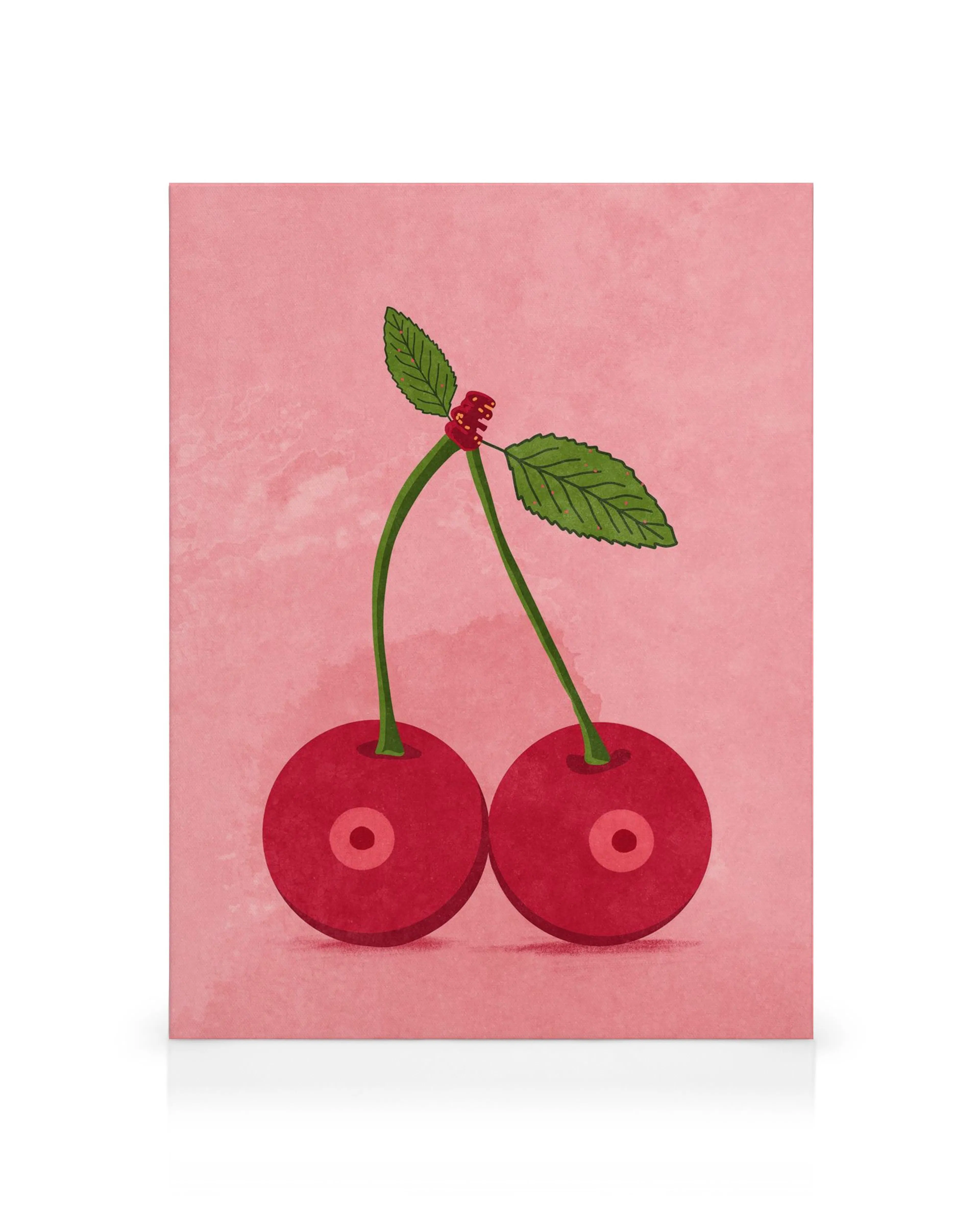 Raissa Oltmanns Cherry Boobs lærred med to røde kirsebær på lyserød baggrund, med grønne stilke og blade.