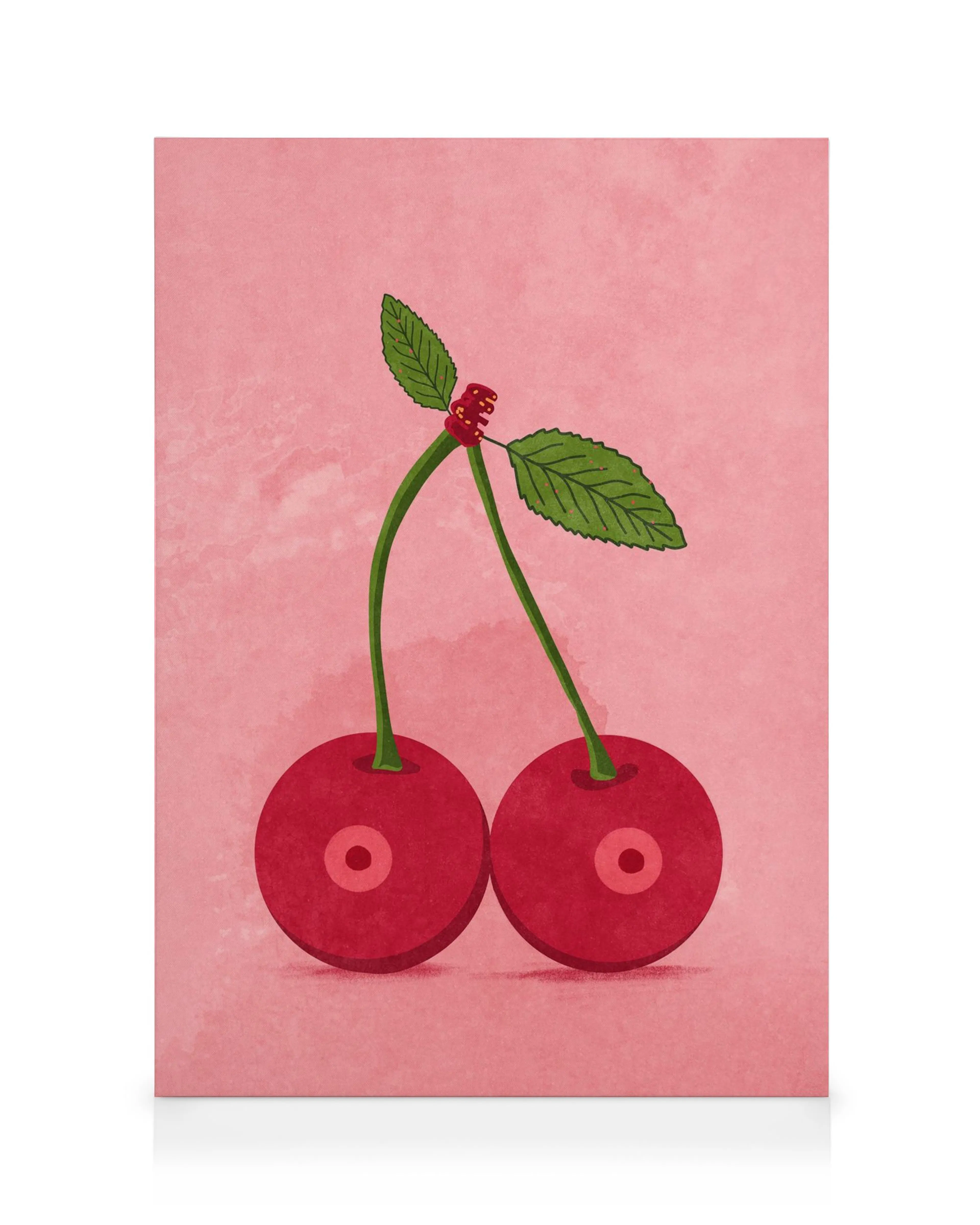 Pop art illustration of two bright red cherries with green stems and leaves on a speckled pink background.