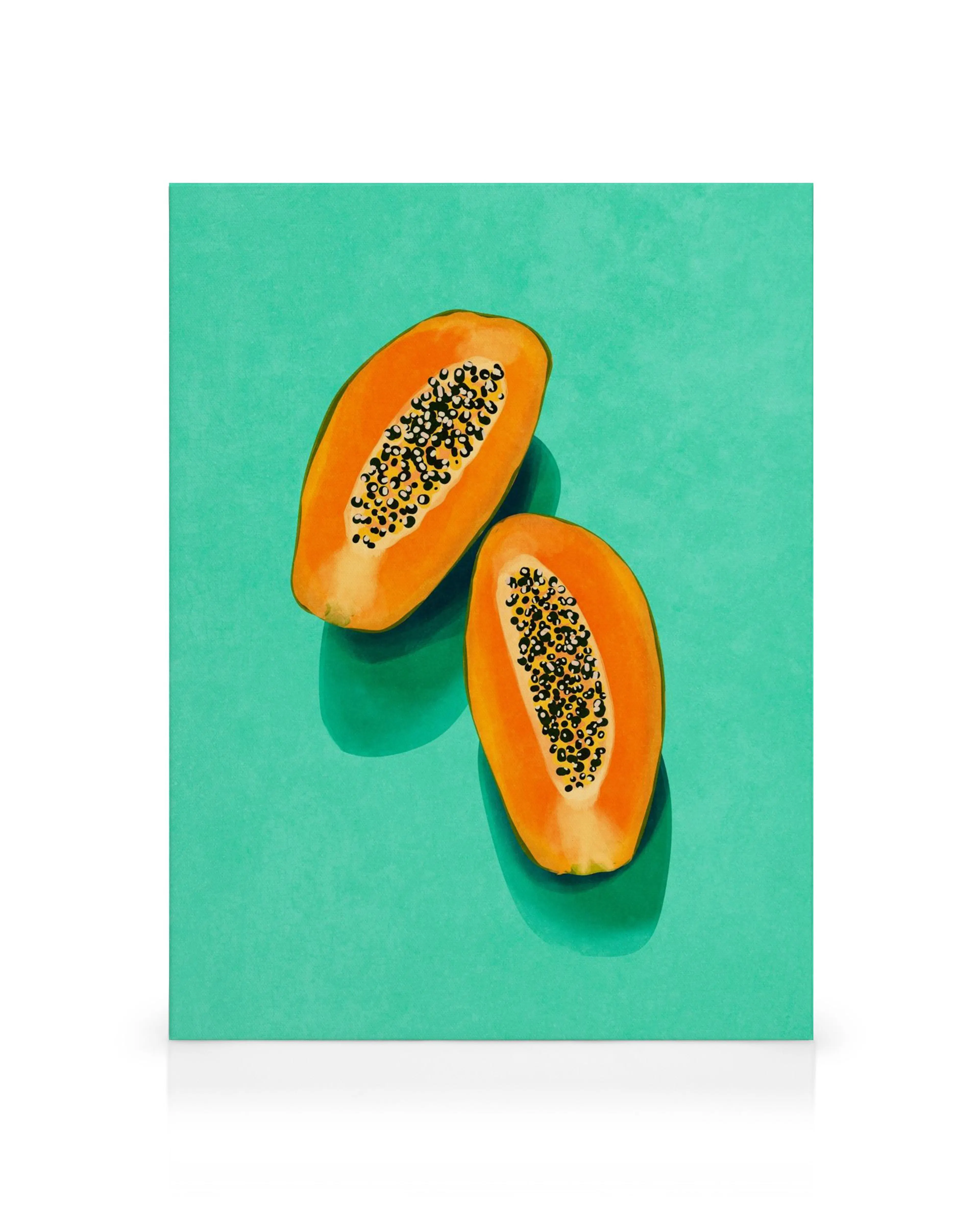 Raissa Oltmanns Papaya canvas print: two vibrant orange papaya halves with black seeds on a teal background.