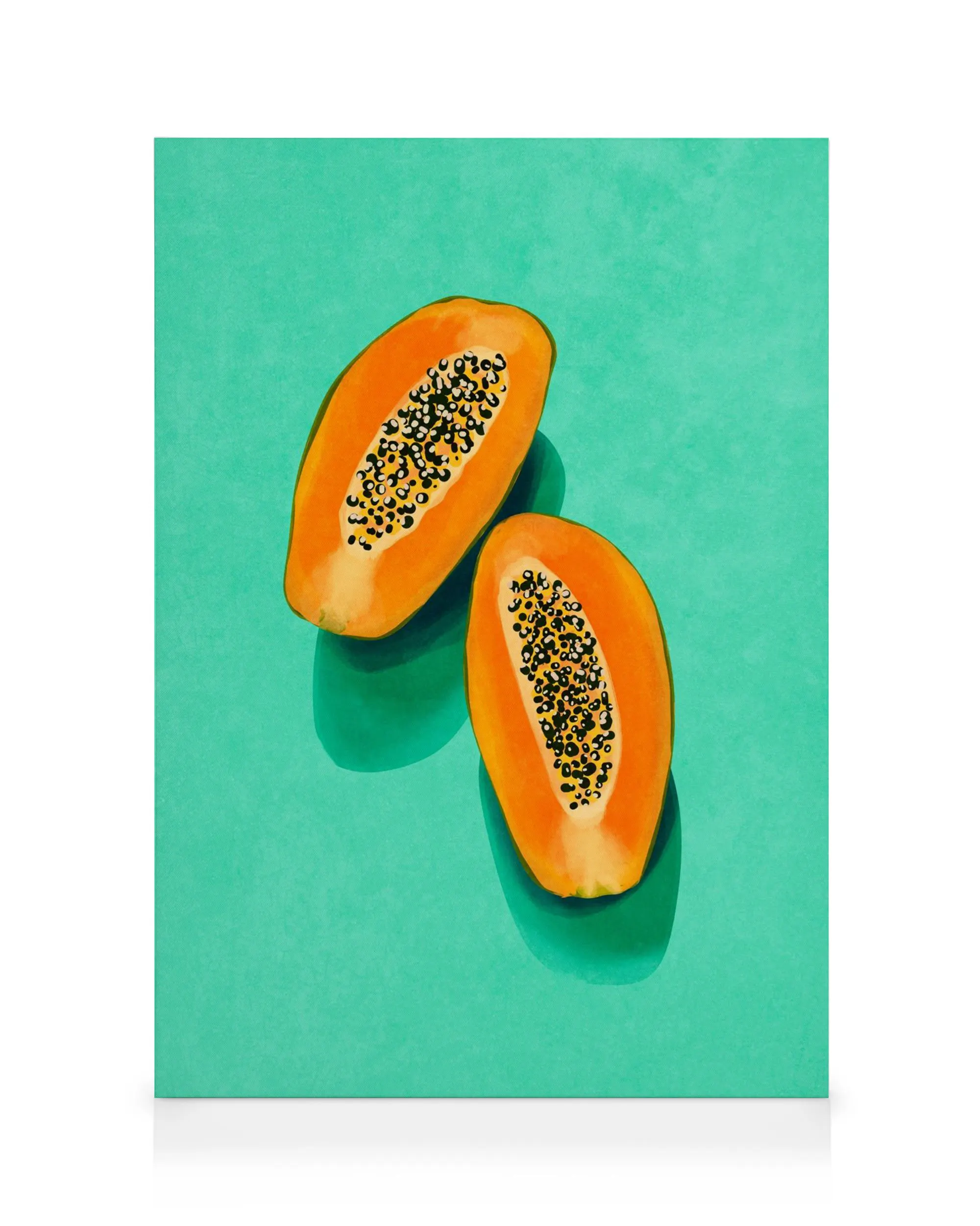 Raissa Oltmanns Papaya canvas print: two vibrant orange papaya halves with black seeds on a teal background.