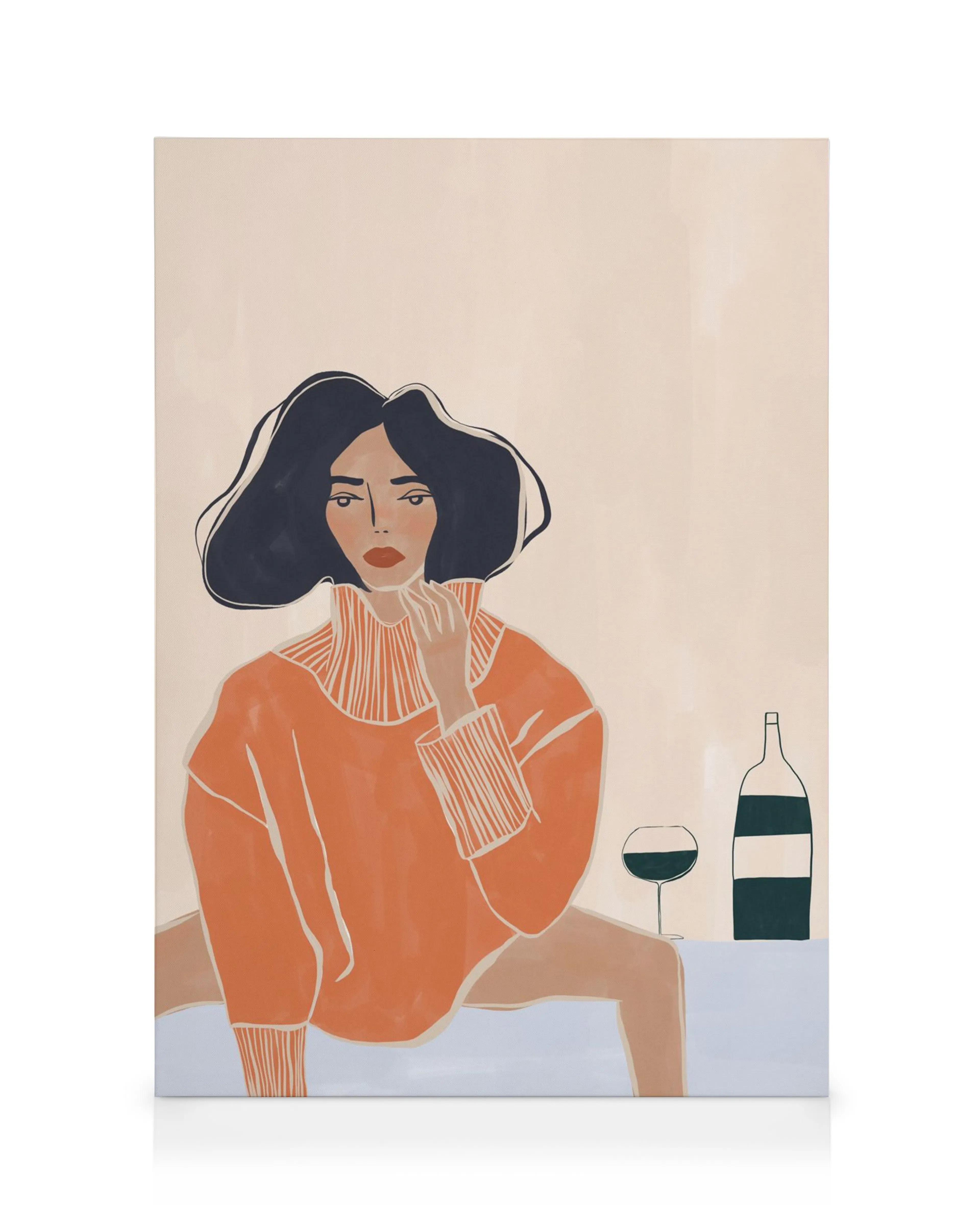 Kunsttryk af en kvinde med mørkt hår, orange trøje, vinflaske og glas i moderne stil.