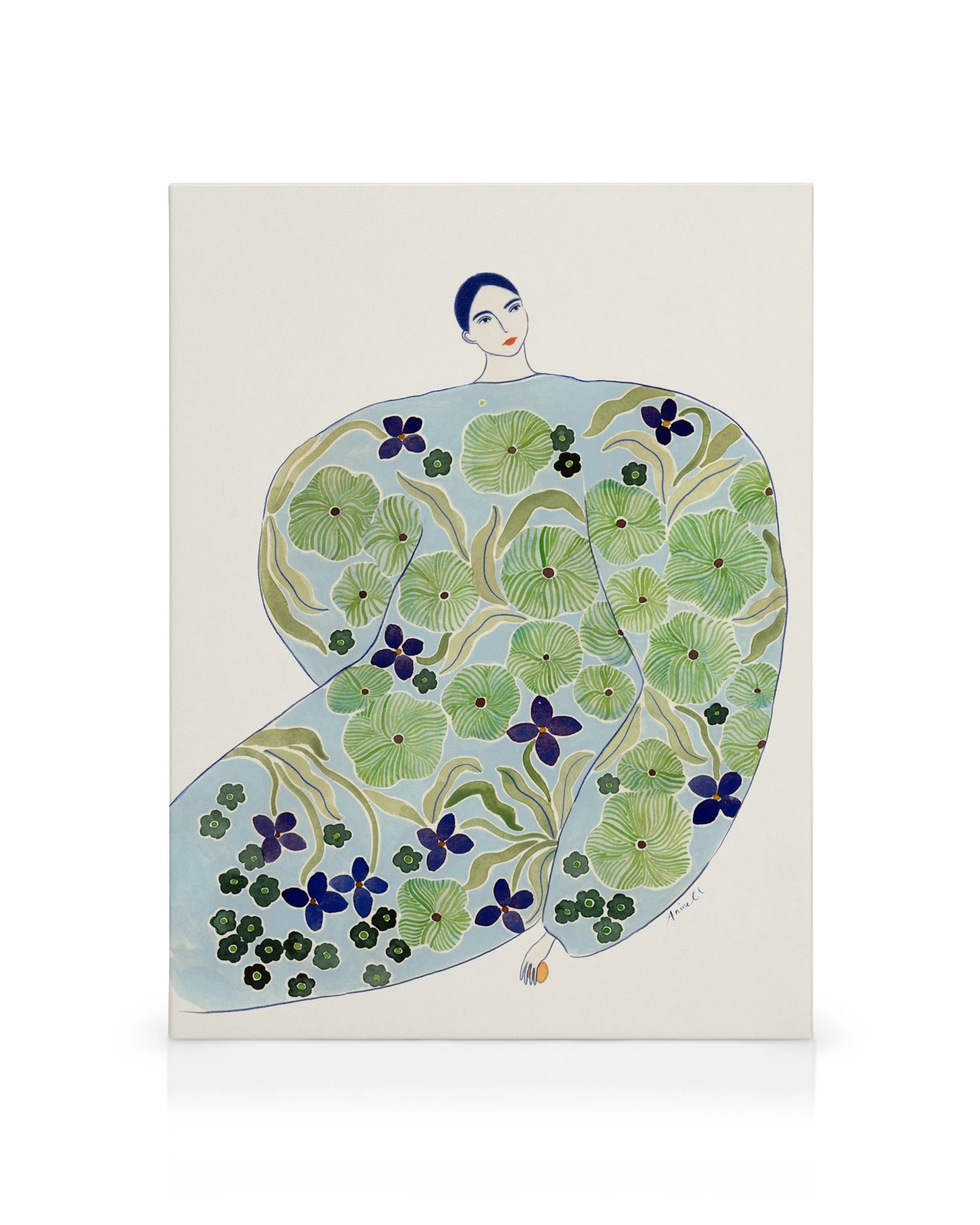 Illustration af kvinde i blå kjole med grønne blade og lilla blomstermønster, La Poire, lærredskunst.