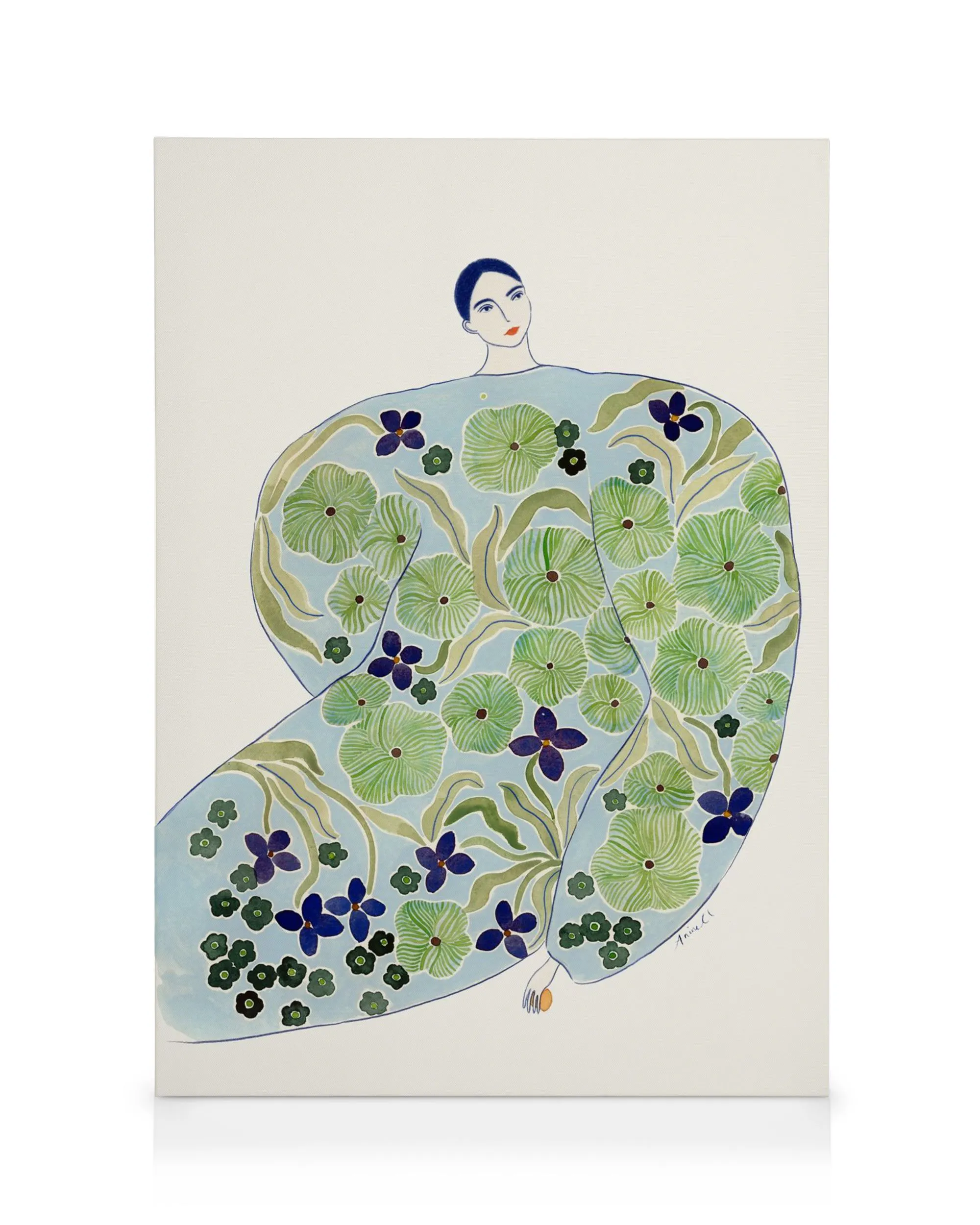 Illustration af kvinde i blå kjole med grønne blade og lilla blomstermønster, La Poire, lærredskunst.