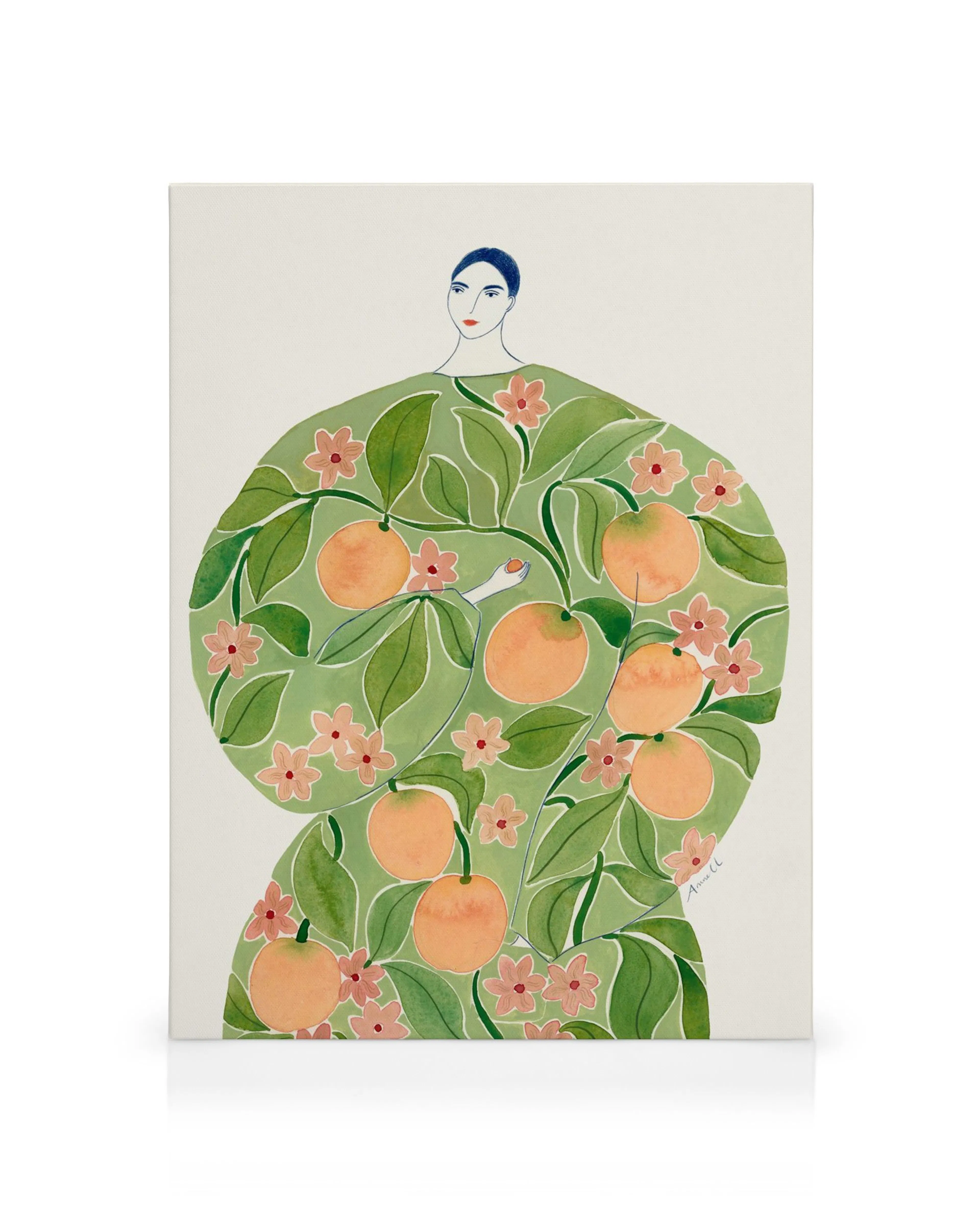 Illustratie van een vrouwenhoofd met een jurk van oranje fruit, groene bladeren en roze bloemen.