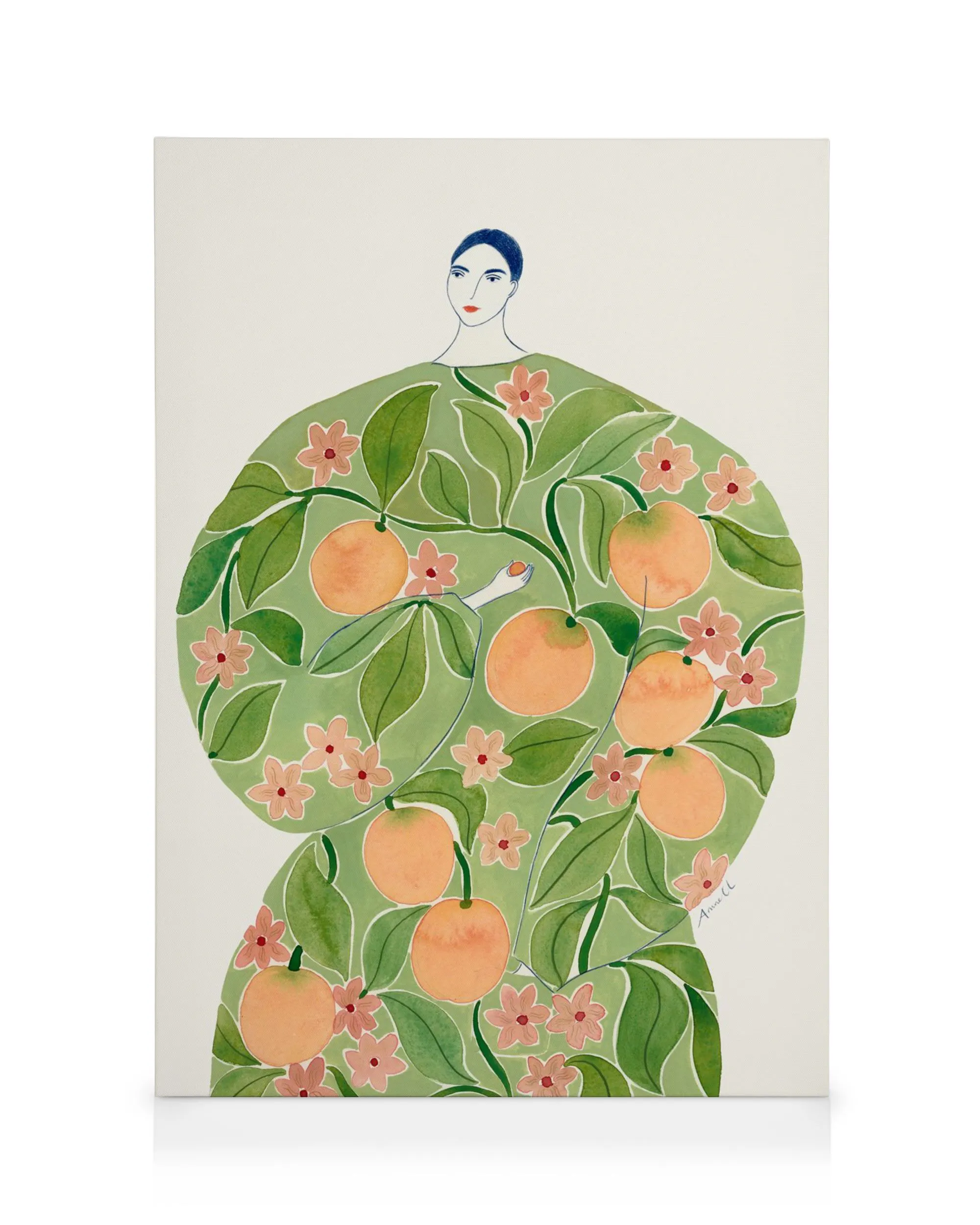 Weiblicher Kopf mit orangefarbenen Früchten, grünen Blättern und rosa Blüten auf hellgrünem Hintergrund, Illustration