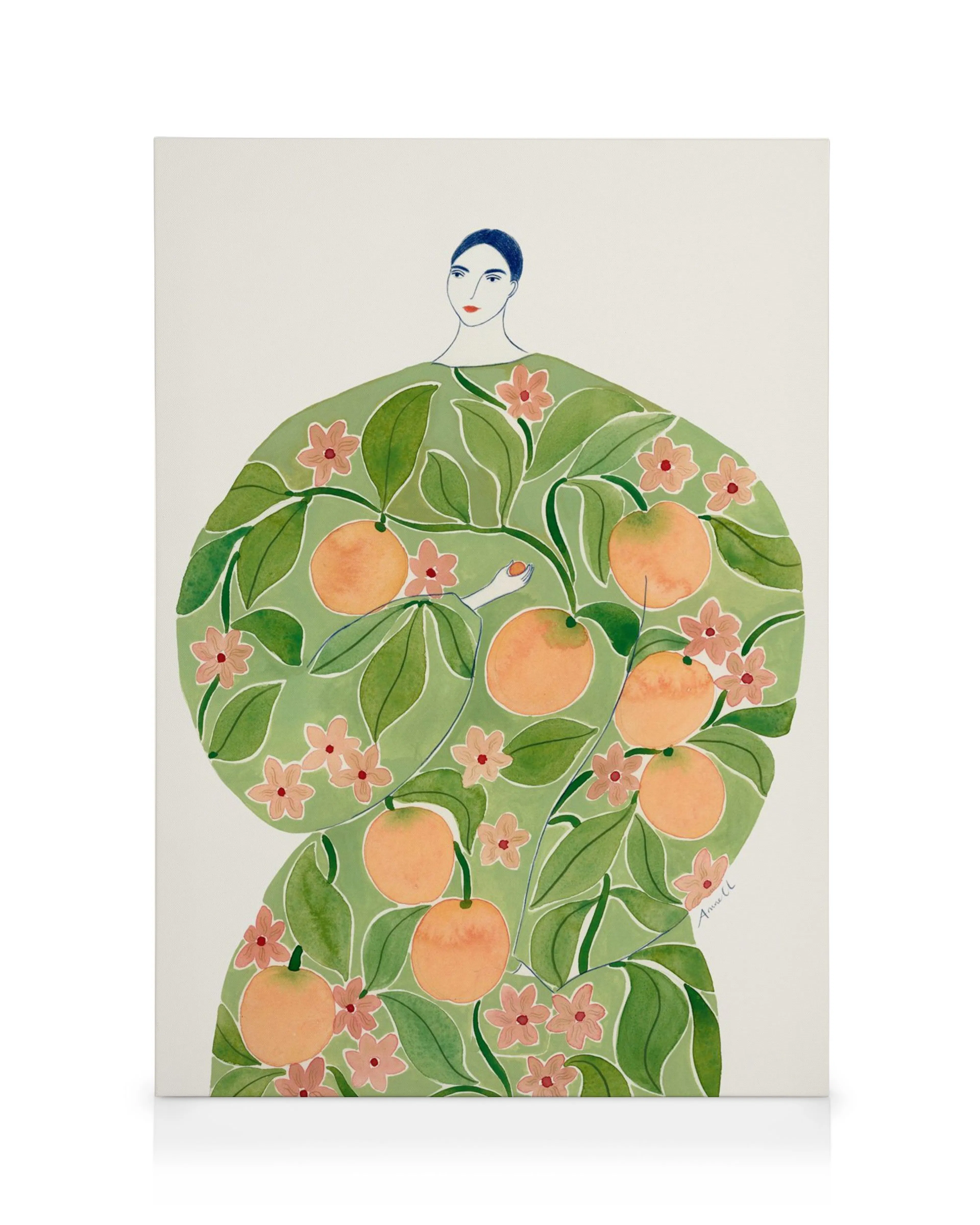 Weiblicher Kopf mit orangefarbenen Früchten, grünen Blättern und rosa Blüten auf hellgrünem Hintergrund, Illustration