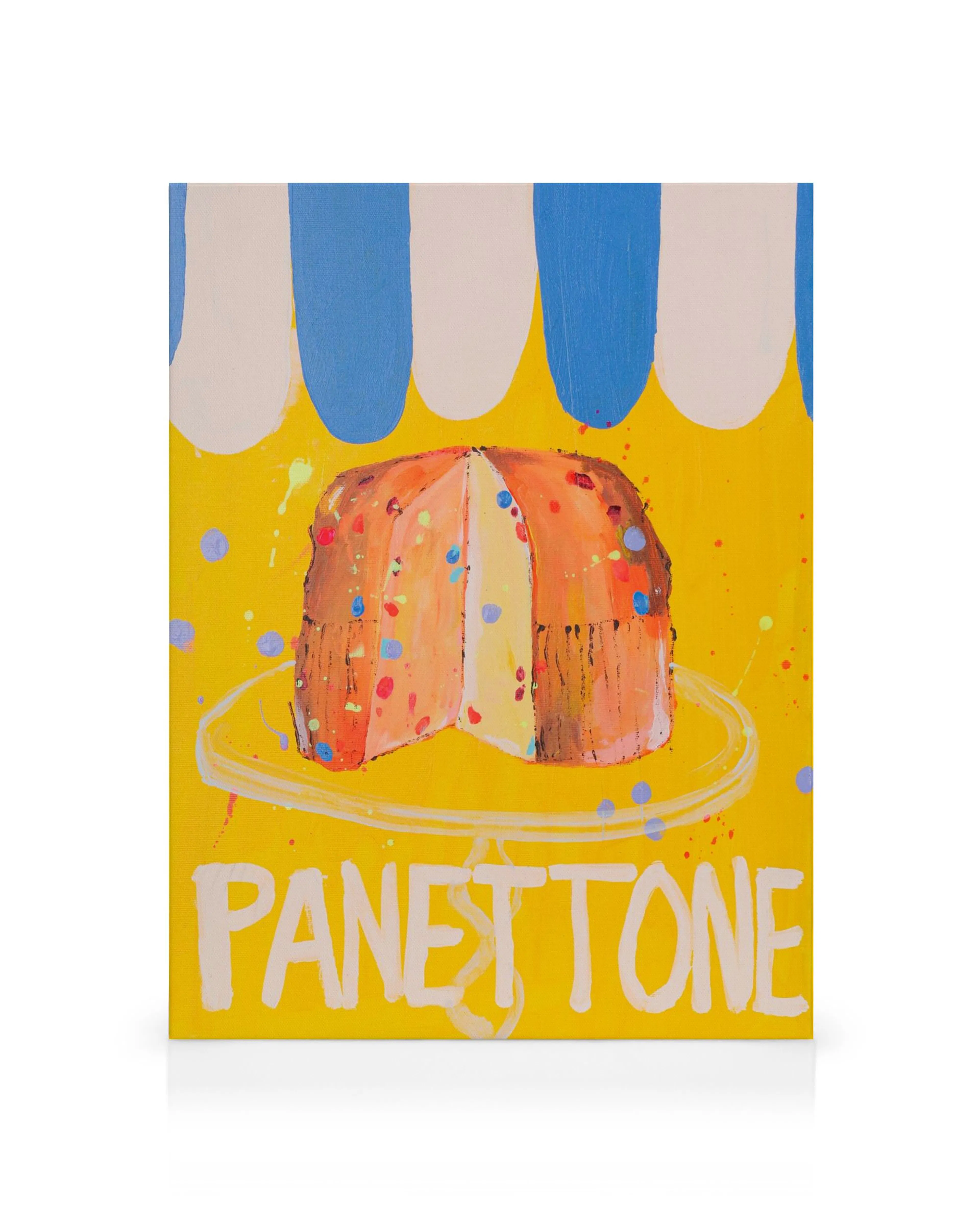Panettone canvas print by Karolina Mila, featuring Italian cake with colourful dots on yellow background.