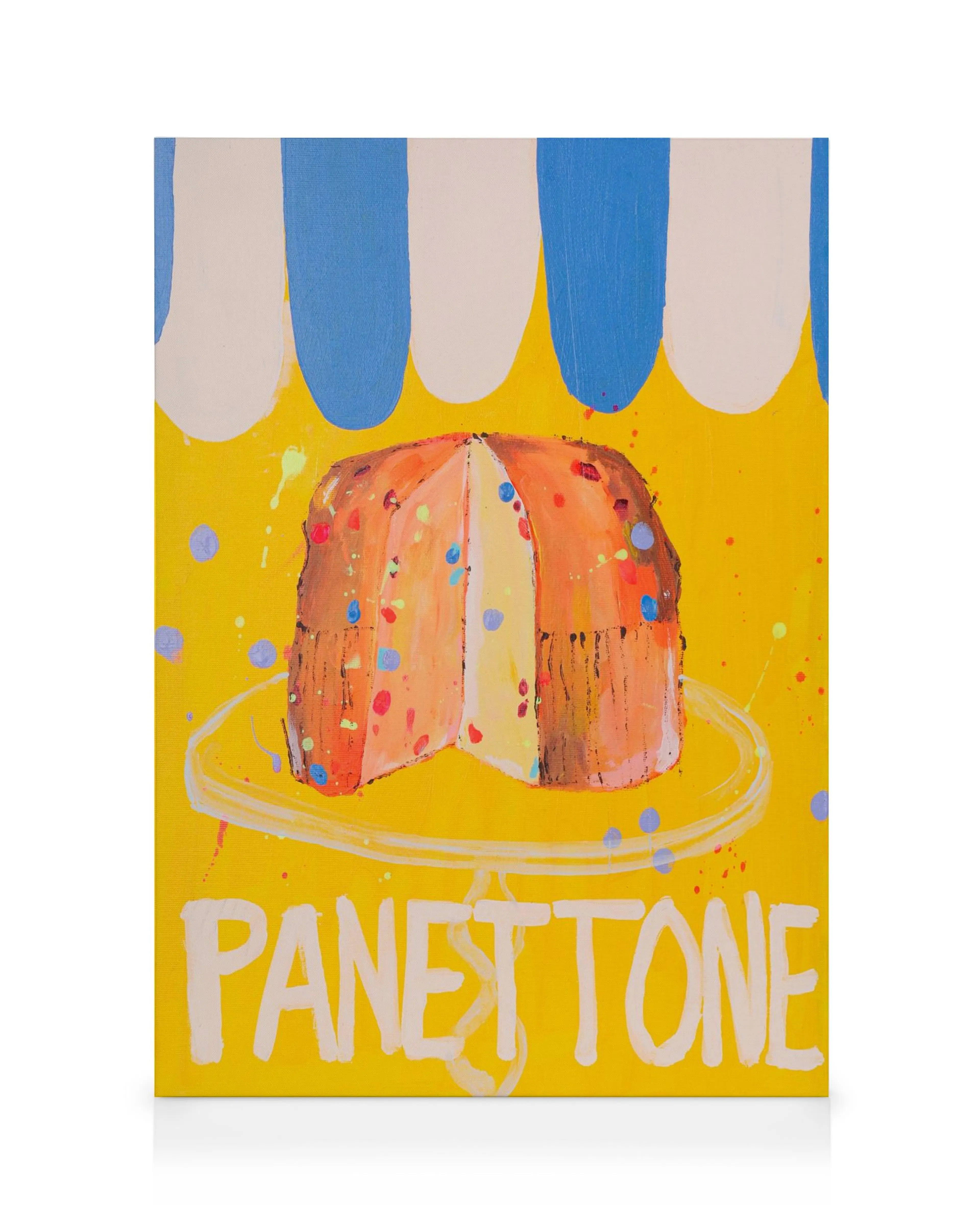Karolina Mila Panettone Leinwandbild: farbenfrohes Panettone-Gebäck auf gelbem Hintergrund mit blauen Streifen, Pop-Art-Stil