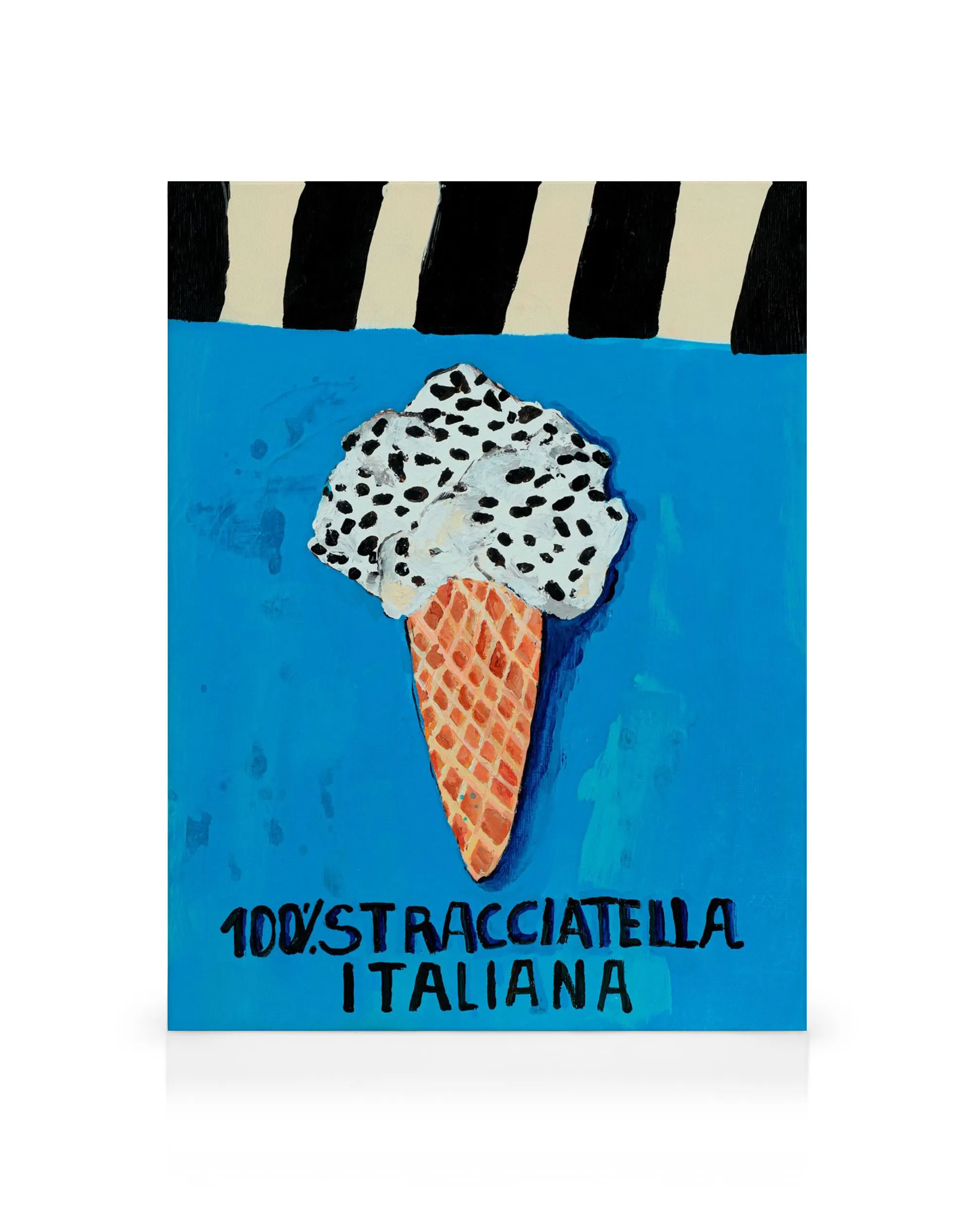 Stampa su tela con cono gelato stracciatella, sfondo blu e strisce nere. Scritta 100% Stracciatella Italiana.
