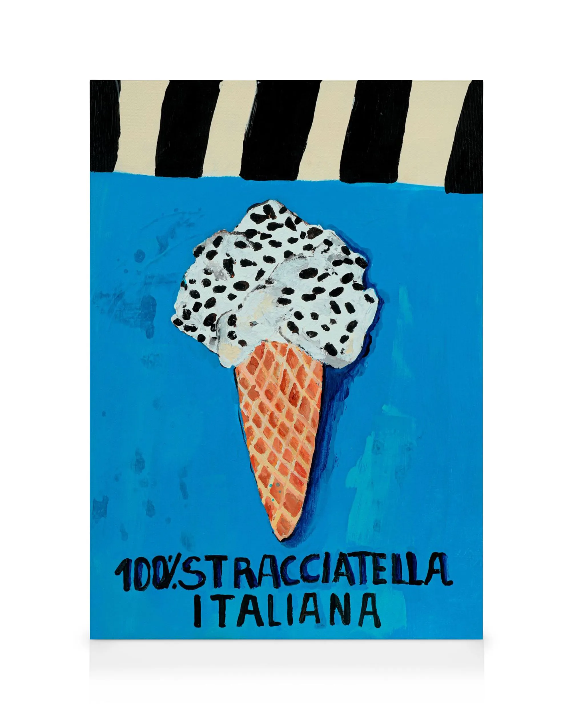 Leinwandbild: Karolina Mila Stracciatella, Eiswaffel mit Stracciatella-Eis, blauer Hintergrund, schwarze Streifen.