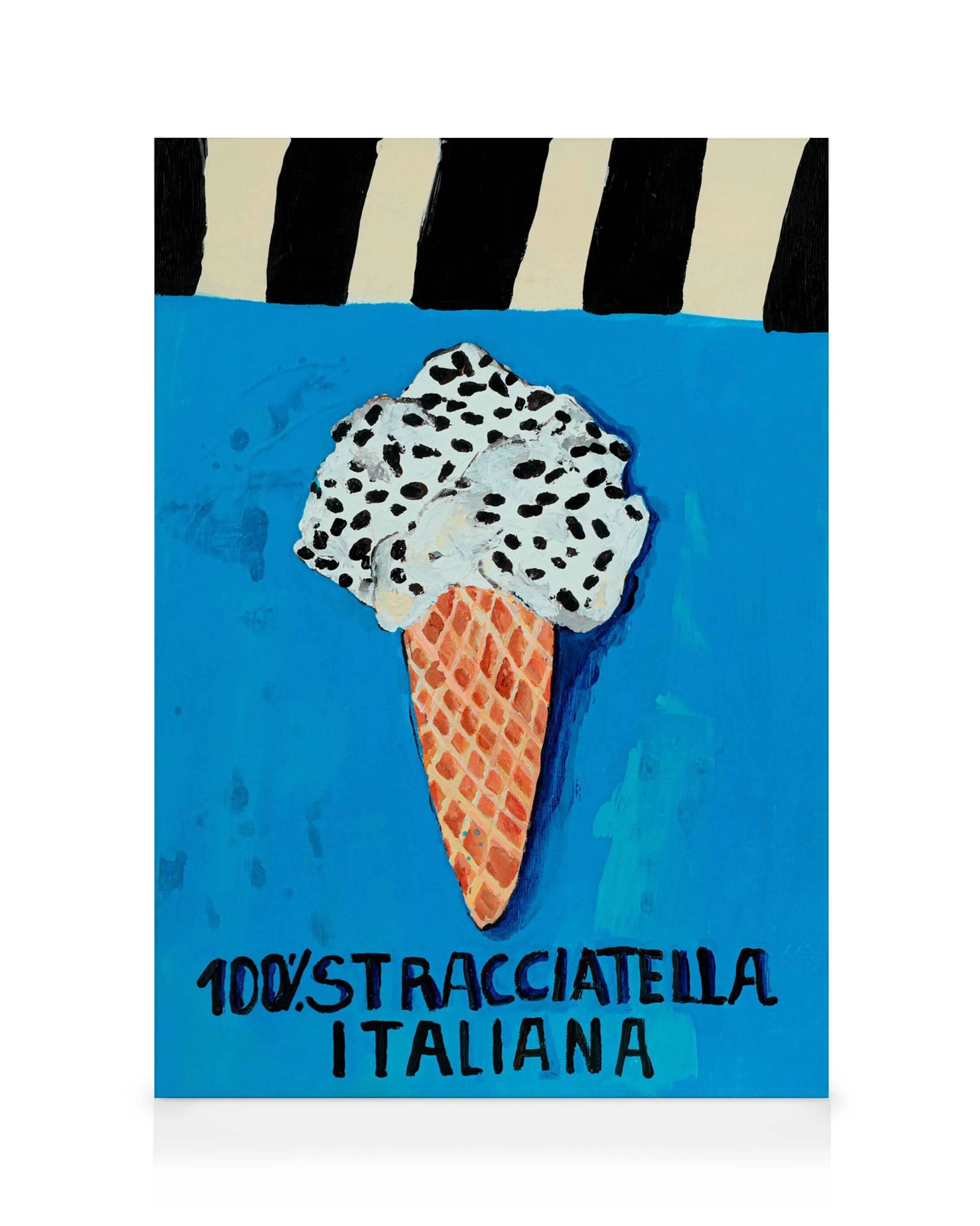 Leinwandbild: Karolina Mila Stracciatella, Eiswaffel mit Stracciatella-Eis, blauer Hintergrund, schwarze Streifen.