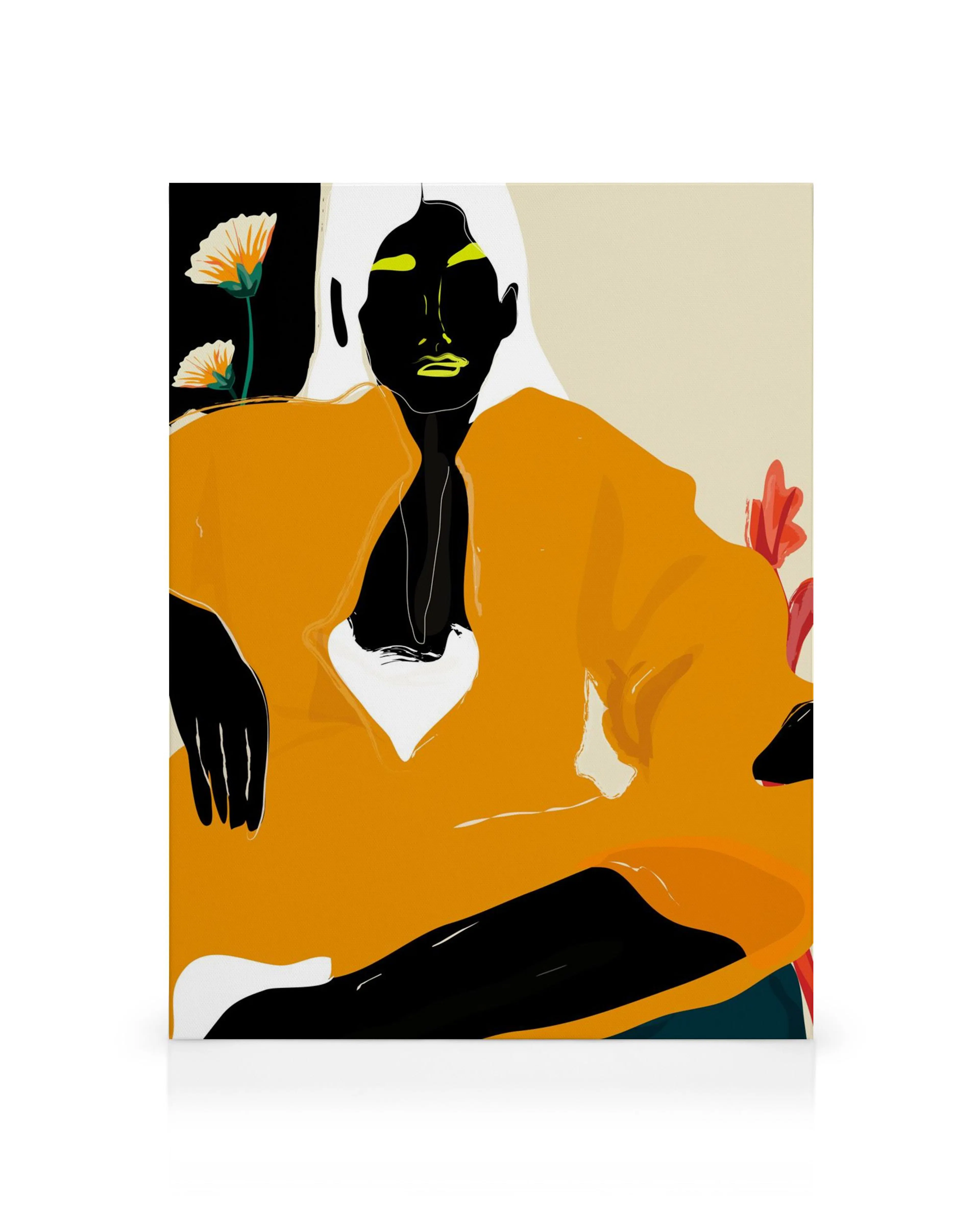 Rachel Joanis illustration af kvinde i orange kjole, sort hud og hvidt hår, med blomster. Lærredskunst.