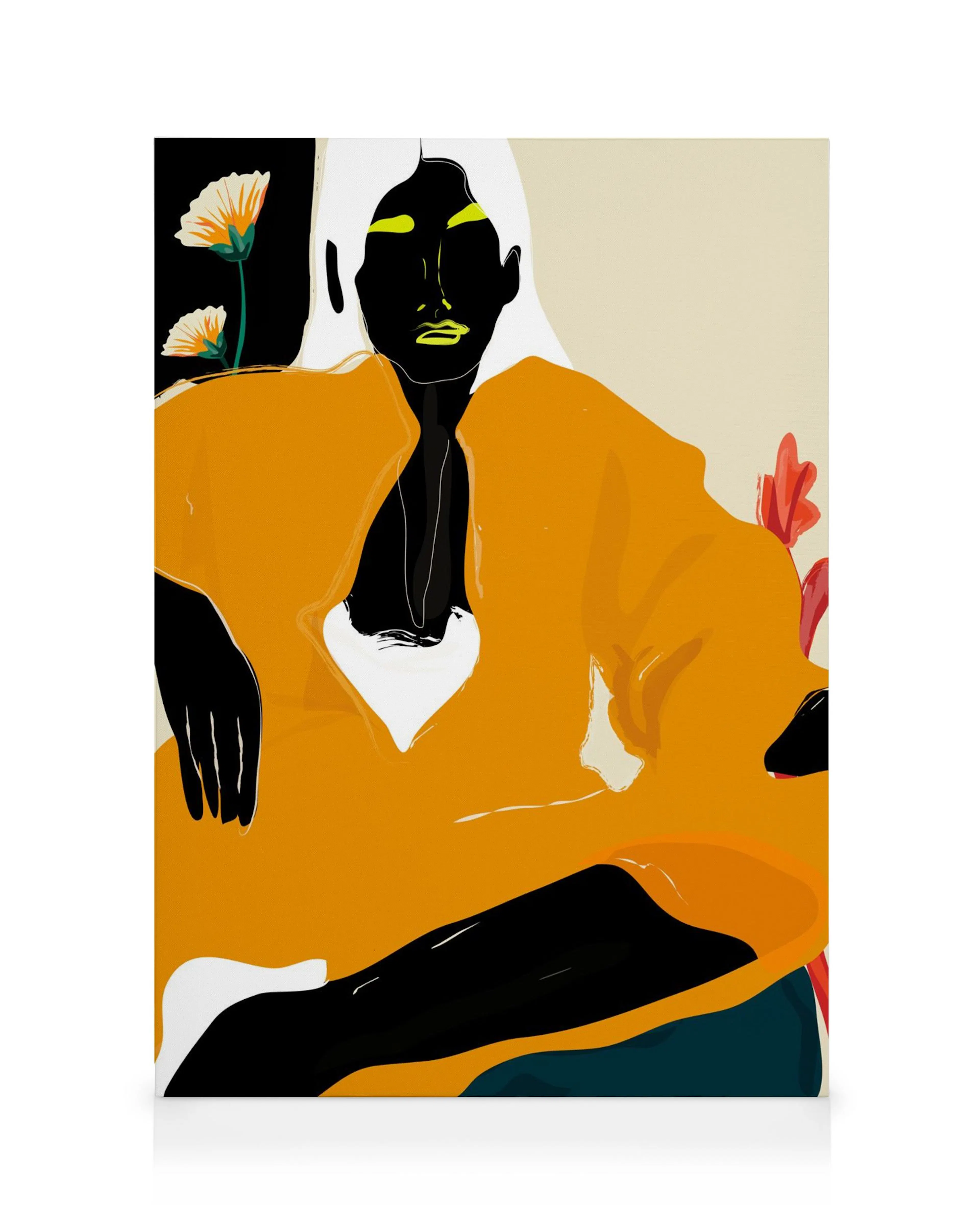 Illustration canvas print of a woman in an orange dress with orange flowers on a cream background.