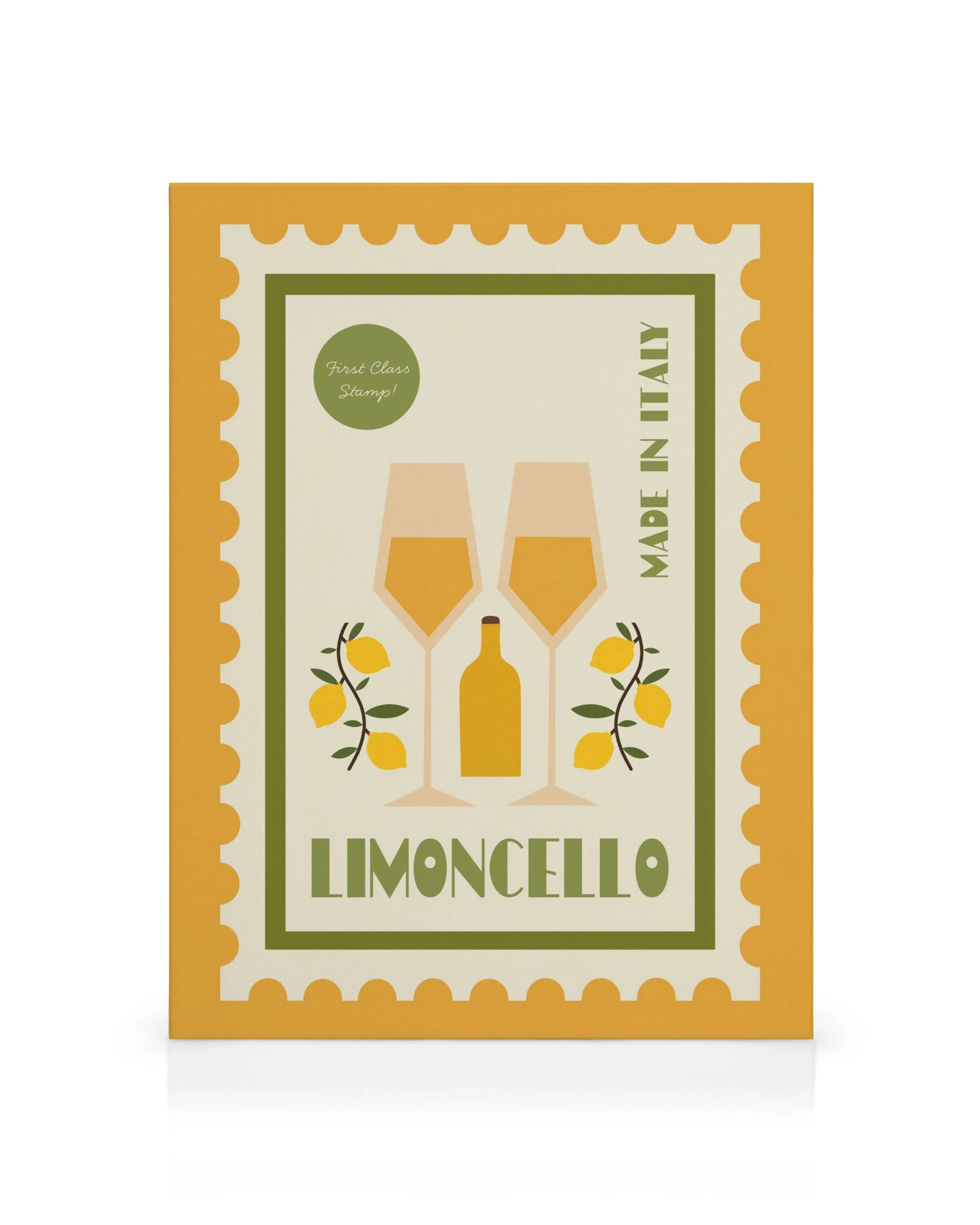 Stampa su tela Limoncello, design giocoso a francobollo con due bicchieri, una bottiglia e limoni su sfondo giallo e verde.