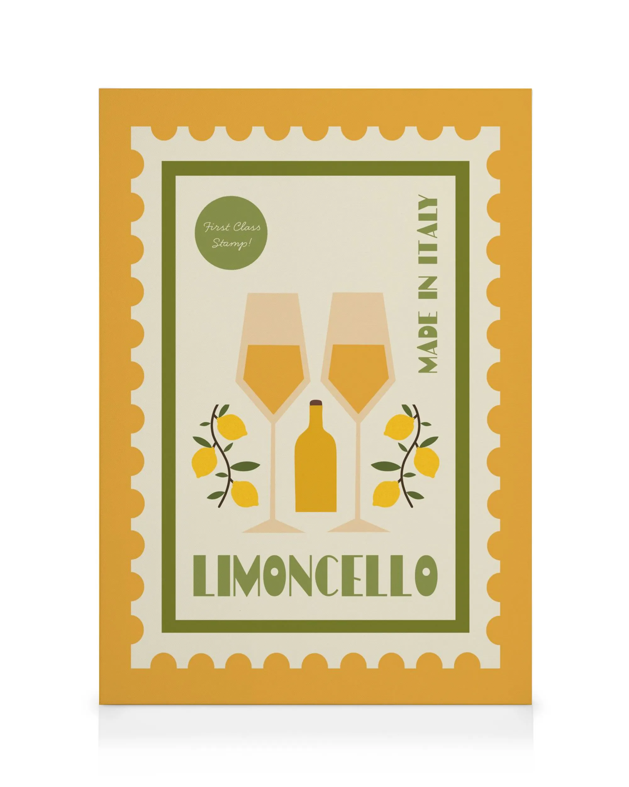 Vintage limoncello poststämpel med två glas, en flaska och citronkvistar, texten Limoncello och Made in Italy.