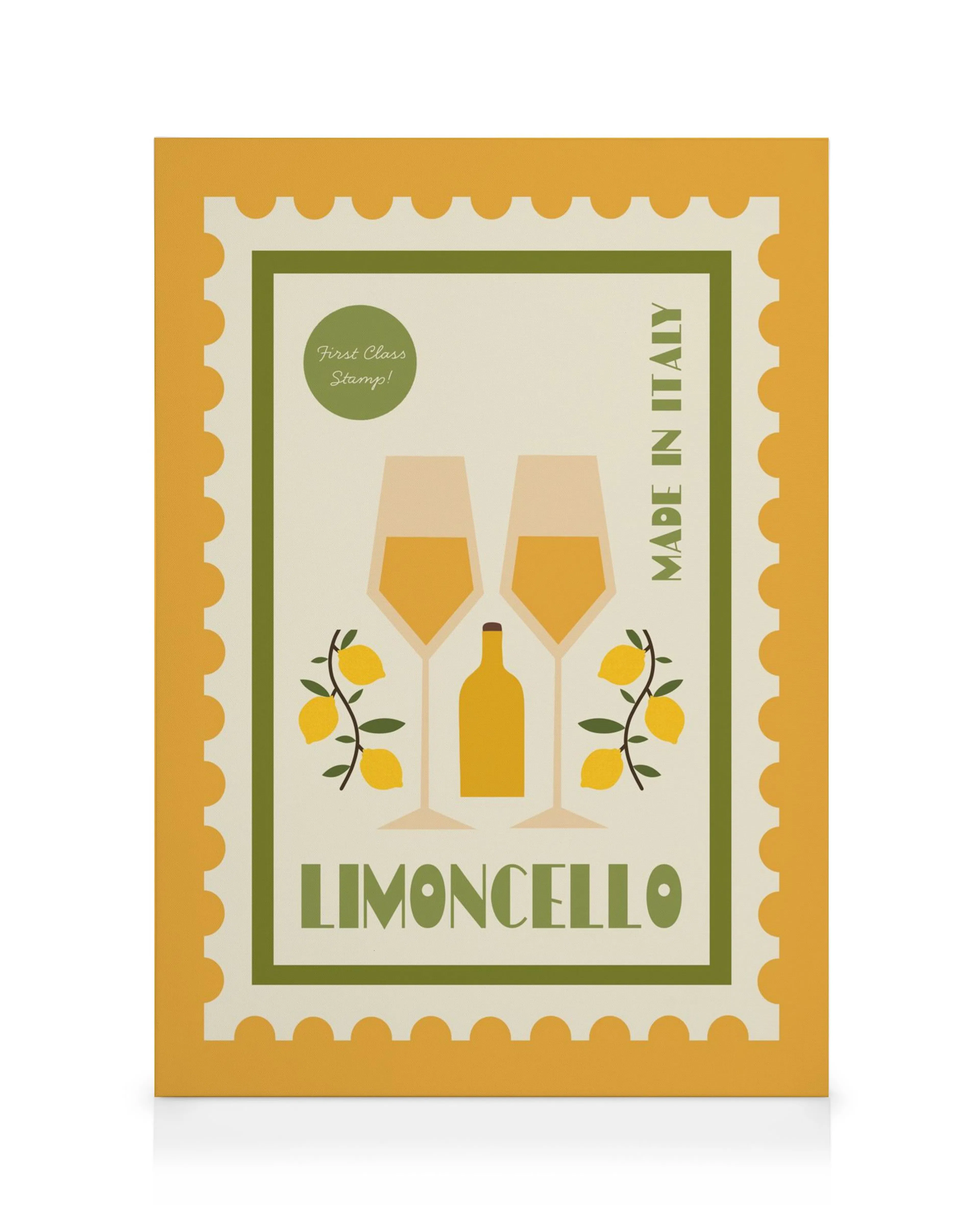 Vintage limoncello poststämpel med två glas, en flaska och citronkvistar, texten Limoncello och Made in Italy.