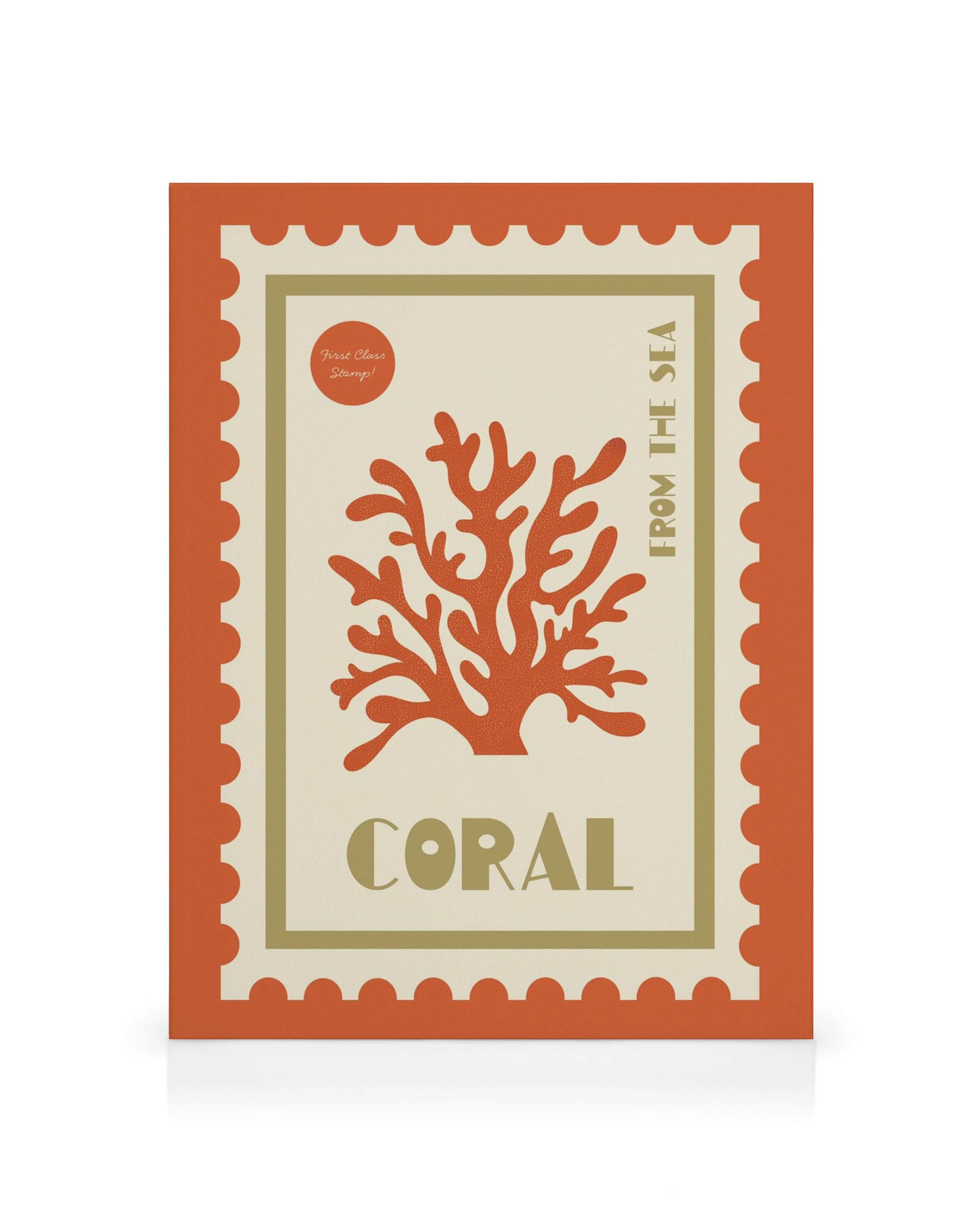 Obraz na plátne s koralom, štylizovaný ako poštová známka so slovom Coral a From the Sea.