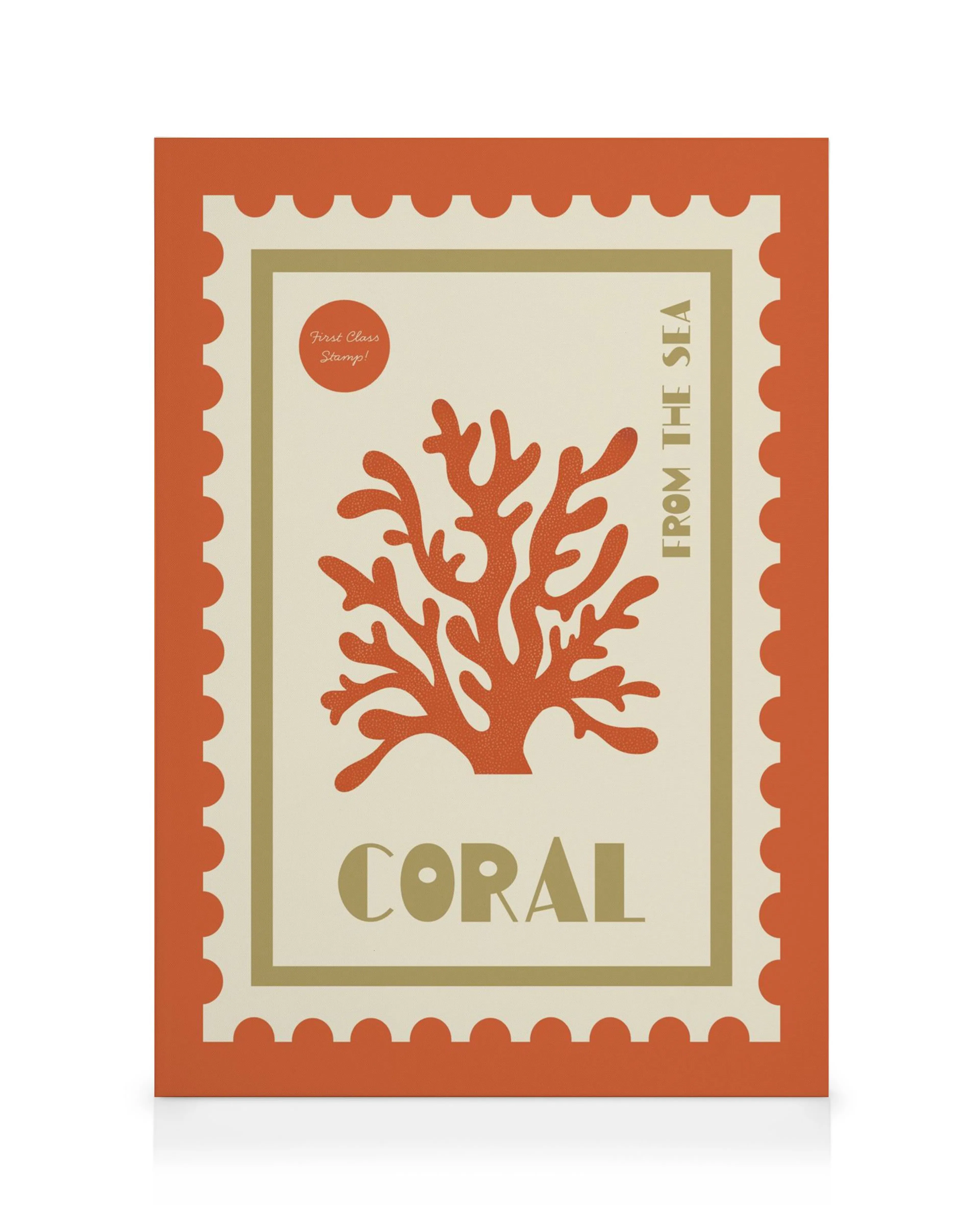 Coral illustration canvas print with Coral text and From The Sea on a beige background with a red wavy border, like a stamp.